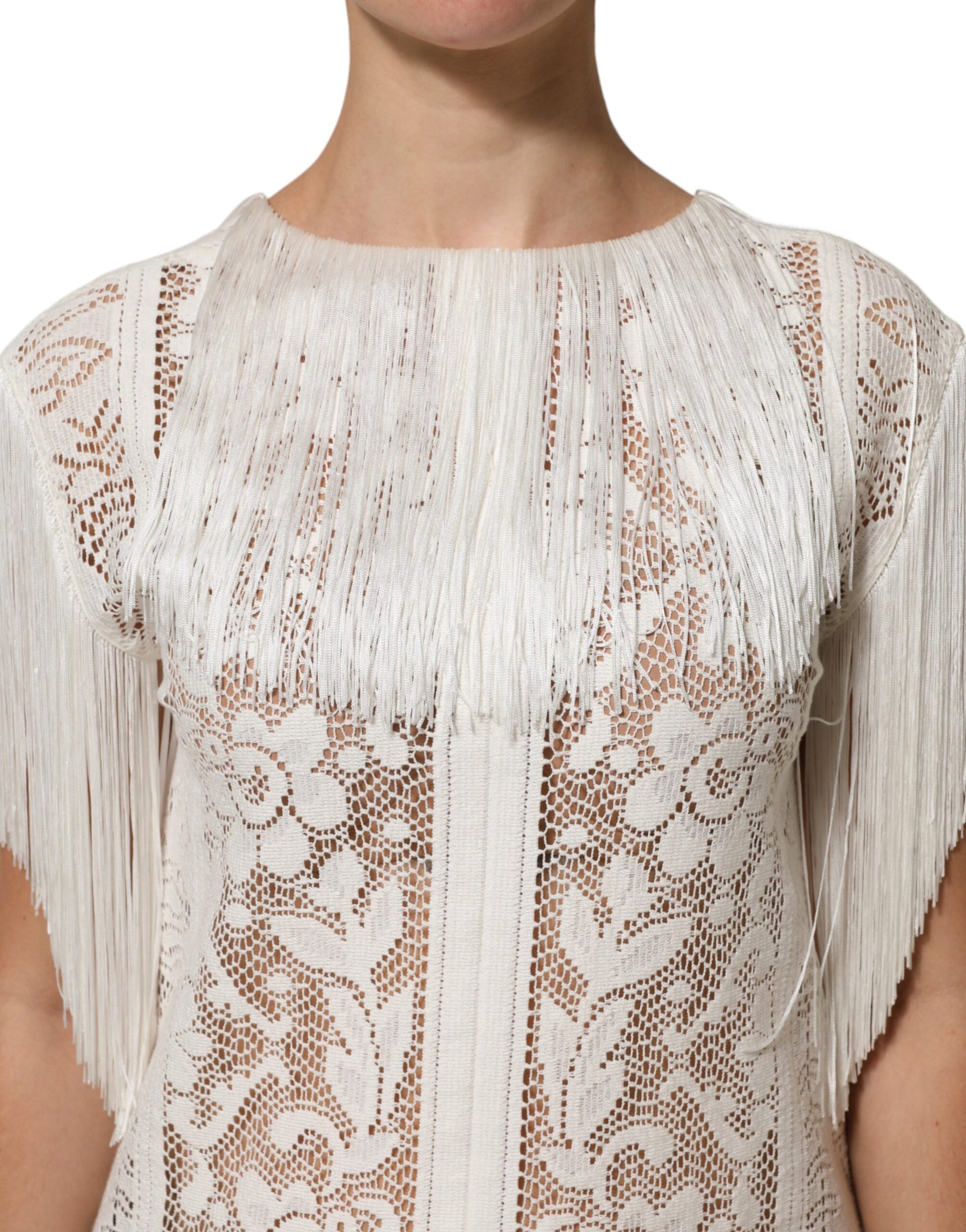 Dolce & Gabbana White Floral Lace Fringe Knee Length Dress | Regal Royce