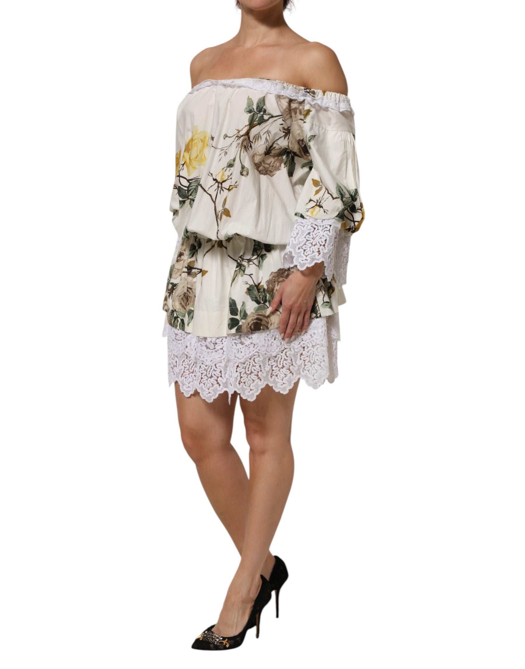 Dolce & Gabbana White Floral Lace Off Shoulder Mini Dress | Regal Royce