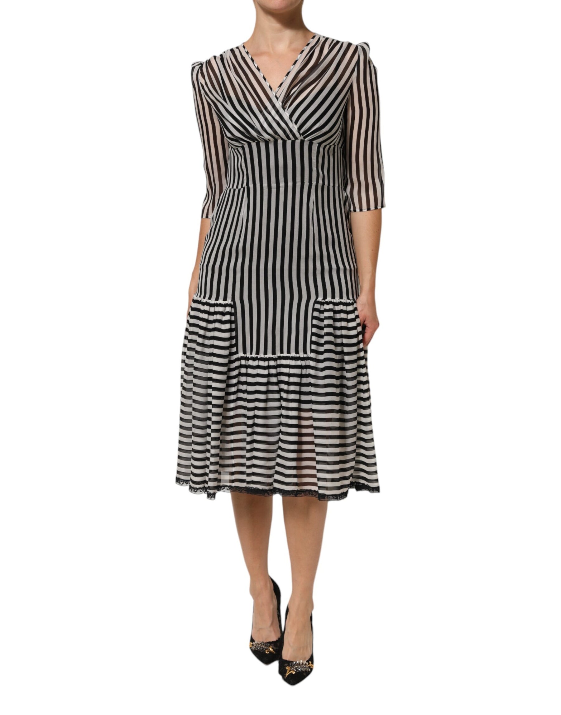 Dolce & Gabbana Black White Stripes Silk V-neck Midi Dress | Regal Royce