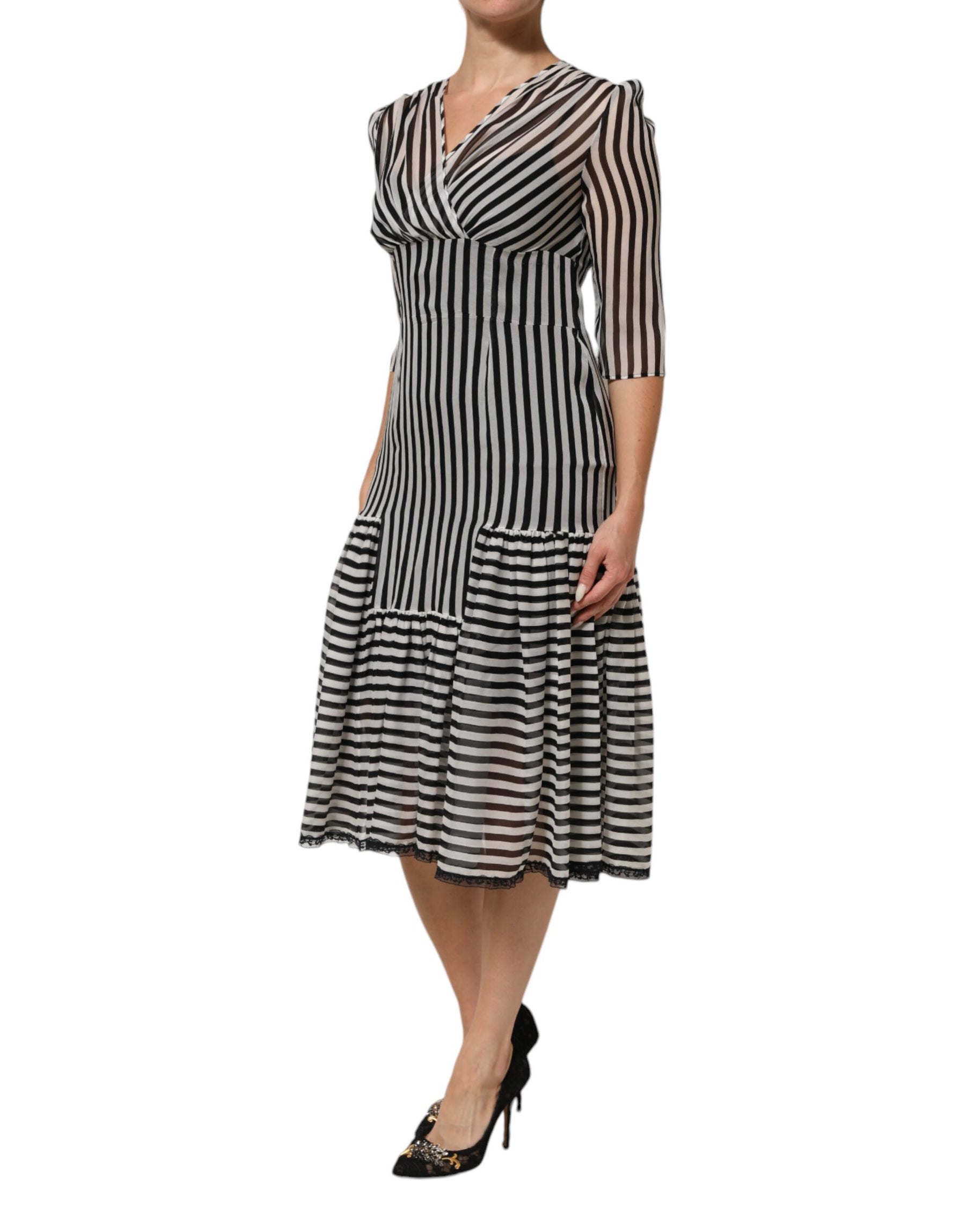 Dolce & Gabbana Black White Stripes Silk V-neck Midi Dress | Regal Royce