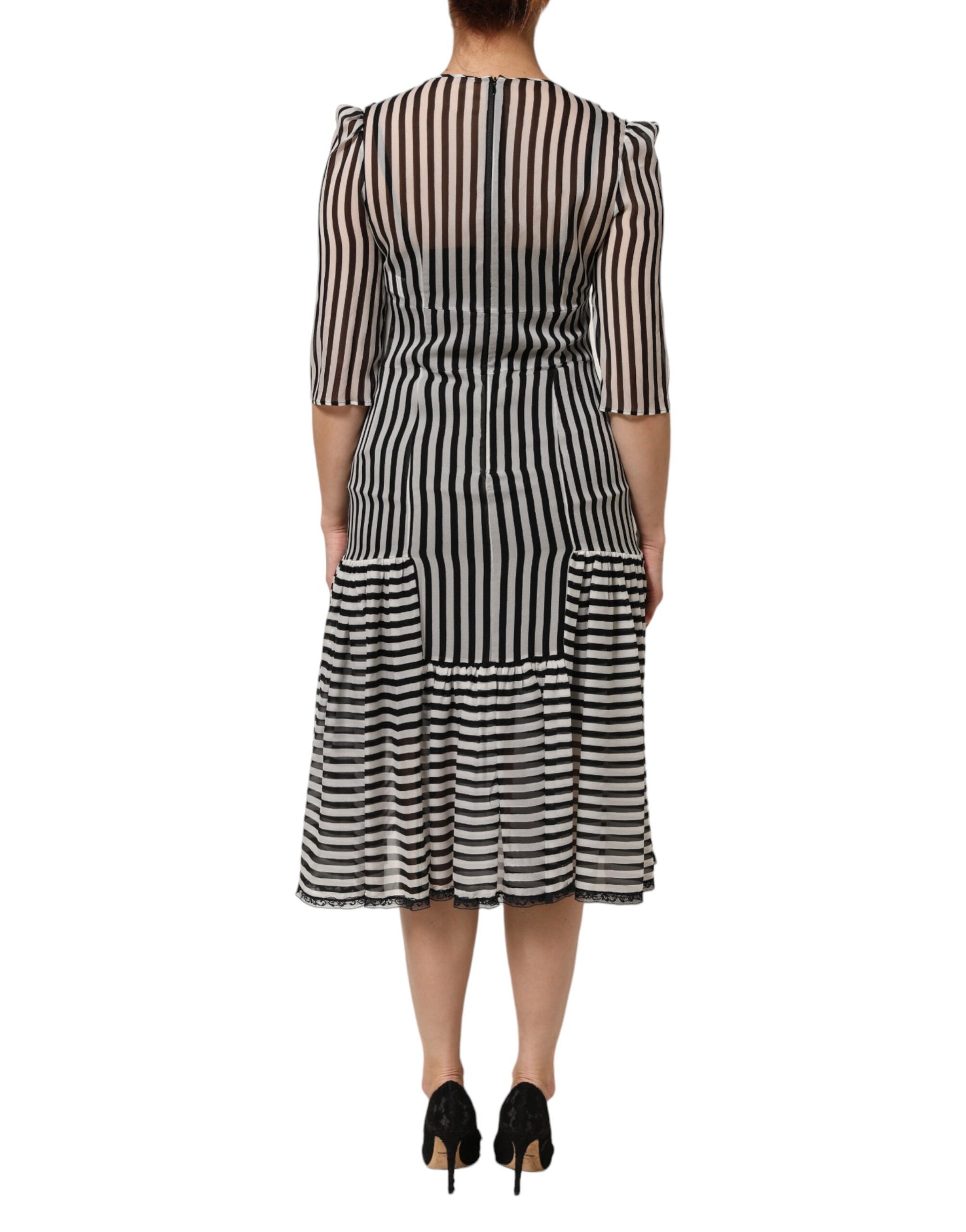 Dolce & Gabbana Black White Stripes Silk V-neck Midi Dress | Regal Royce