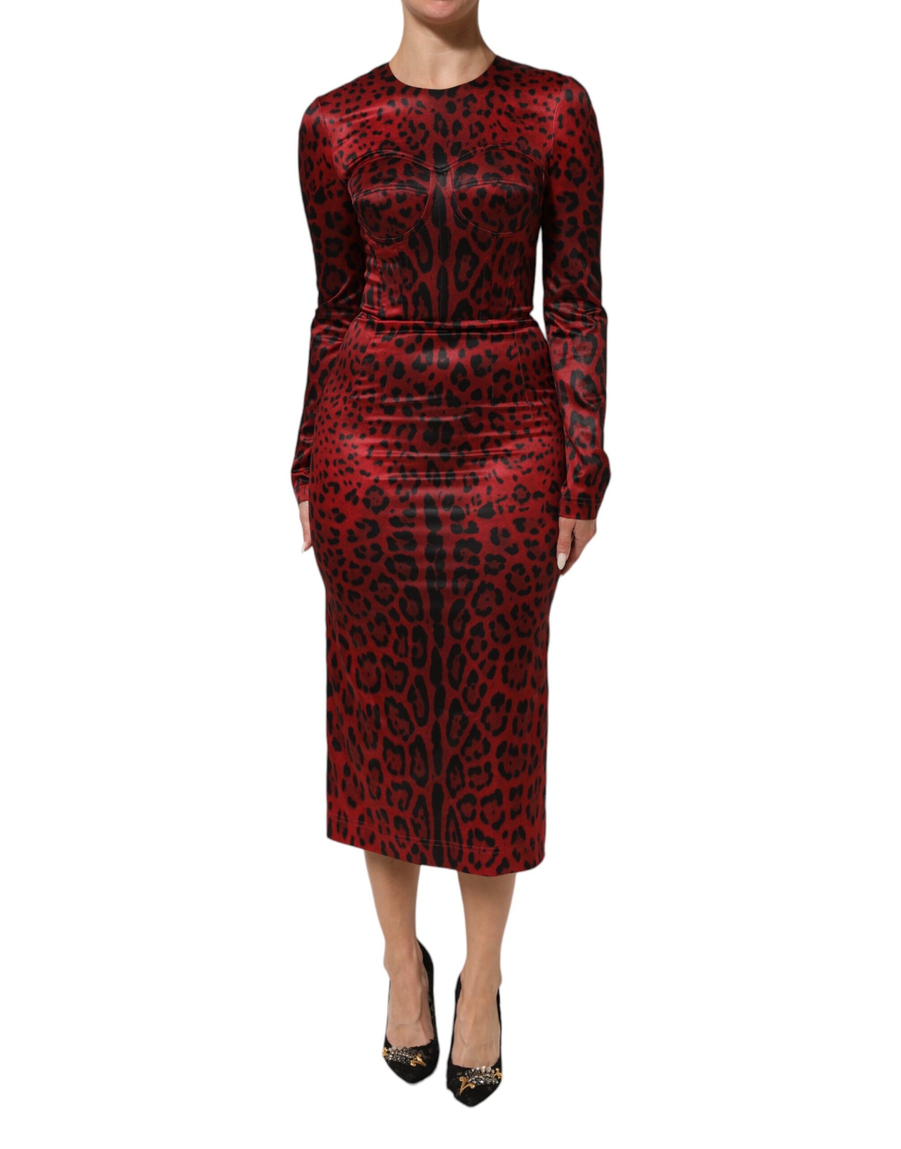 Dolce & Gabbana Red Leopard Sheath Long Sleeves Dress | Regal Royce