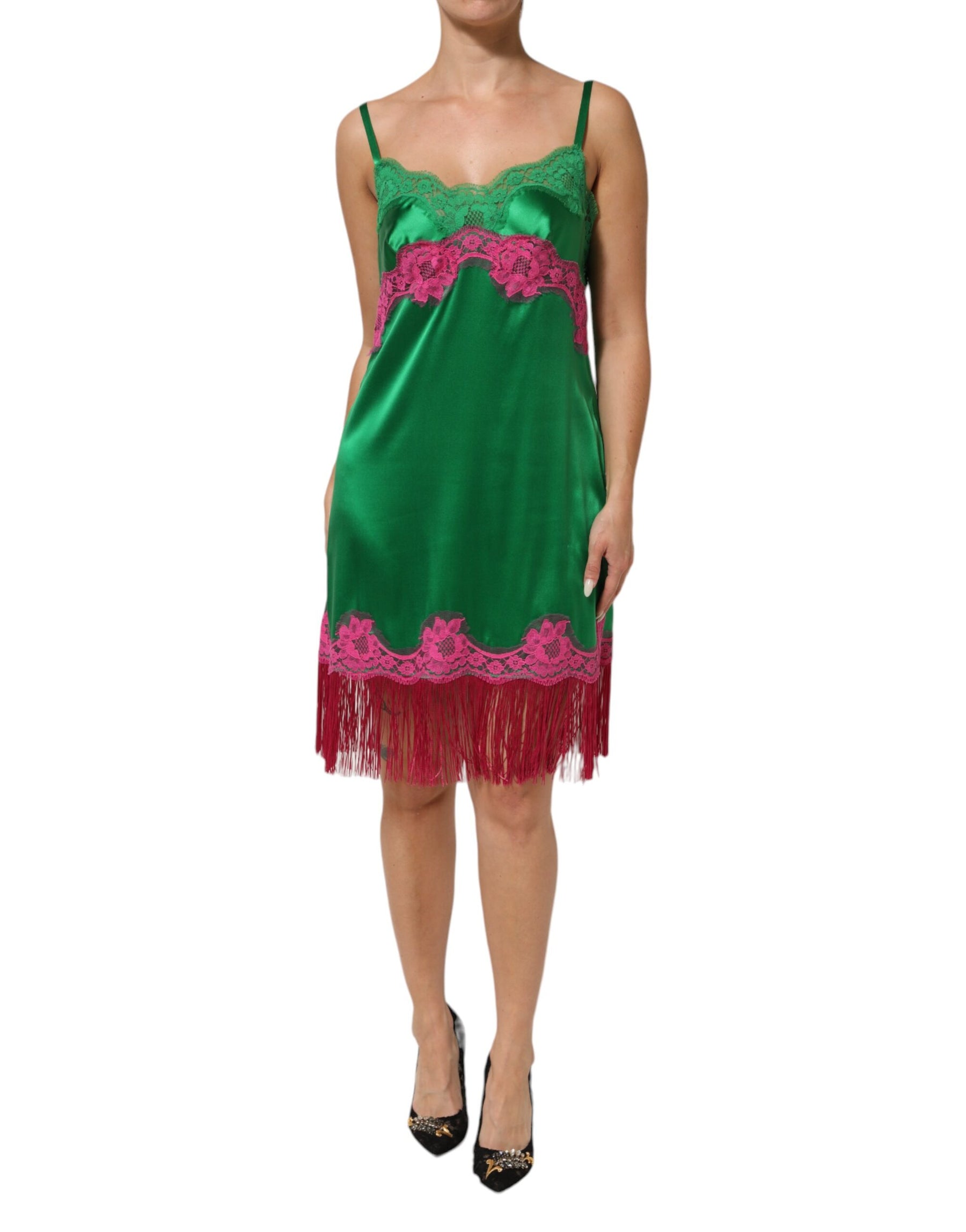 Dolce & Gabbana Green Floral Lace Fringes Lingerie Dress | Regal Royce