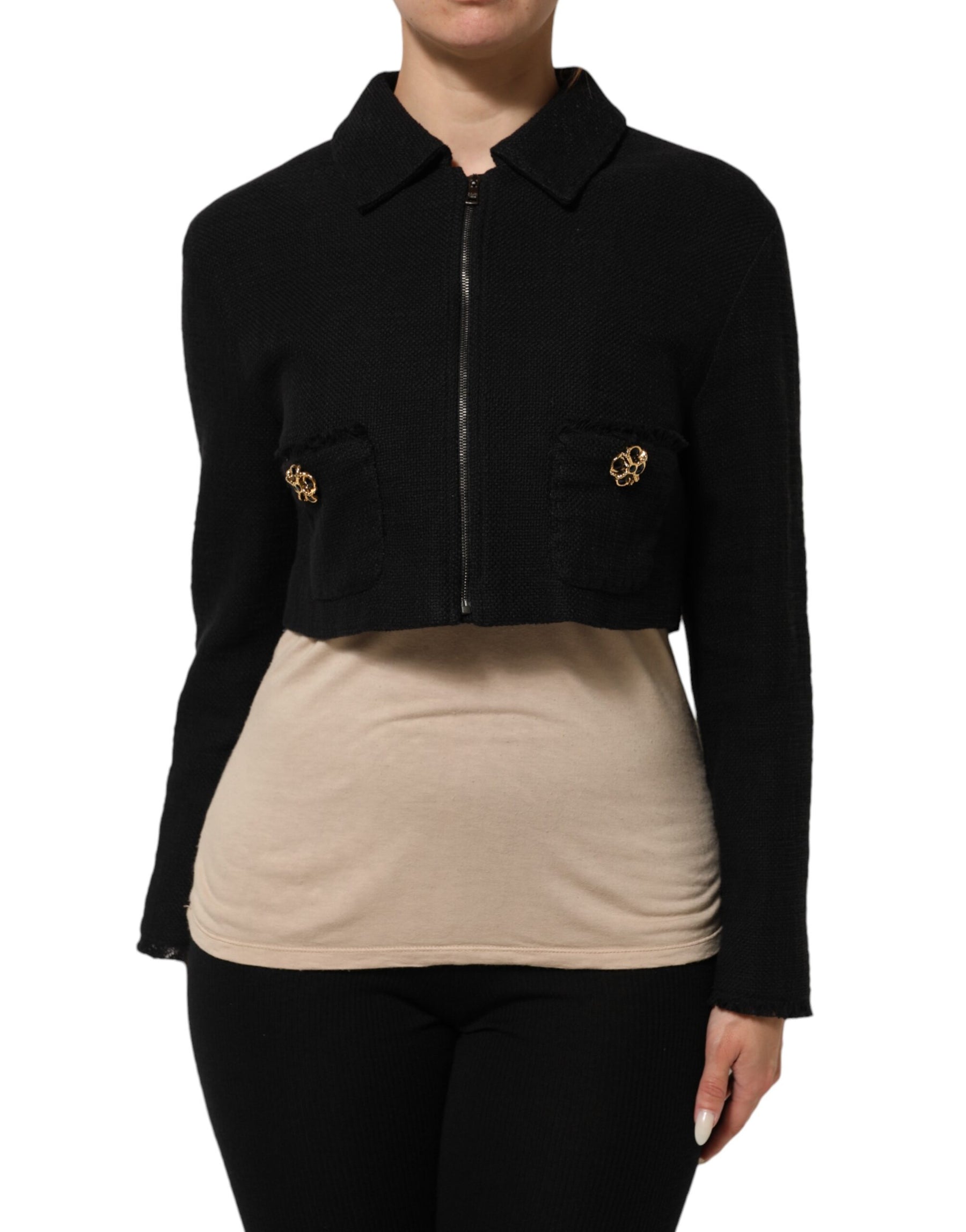 Dolce & Gabbana Black Cotton Full Zip Cropped Coat Jacket | Regal Royce