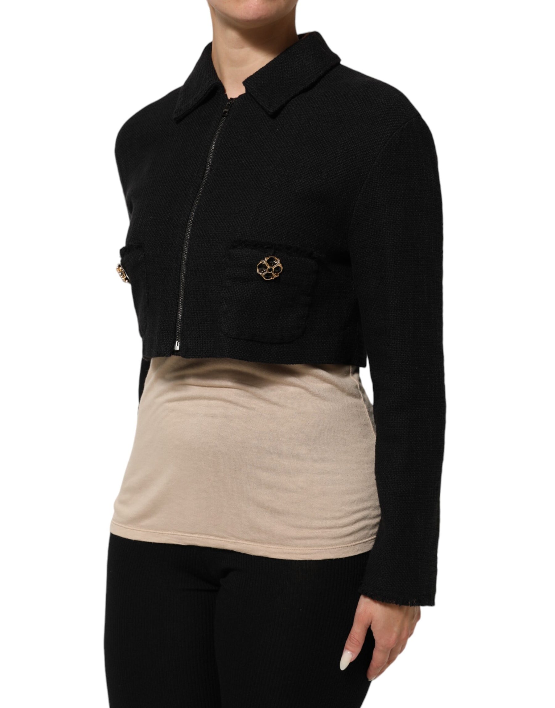 Dolce & Gabbana Black Cotton Full Zip Cropped Coat Jacket | Regal Royce