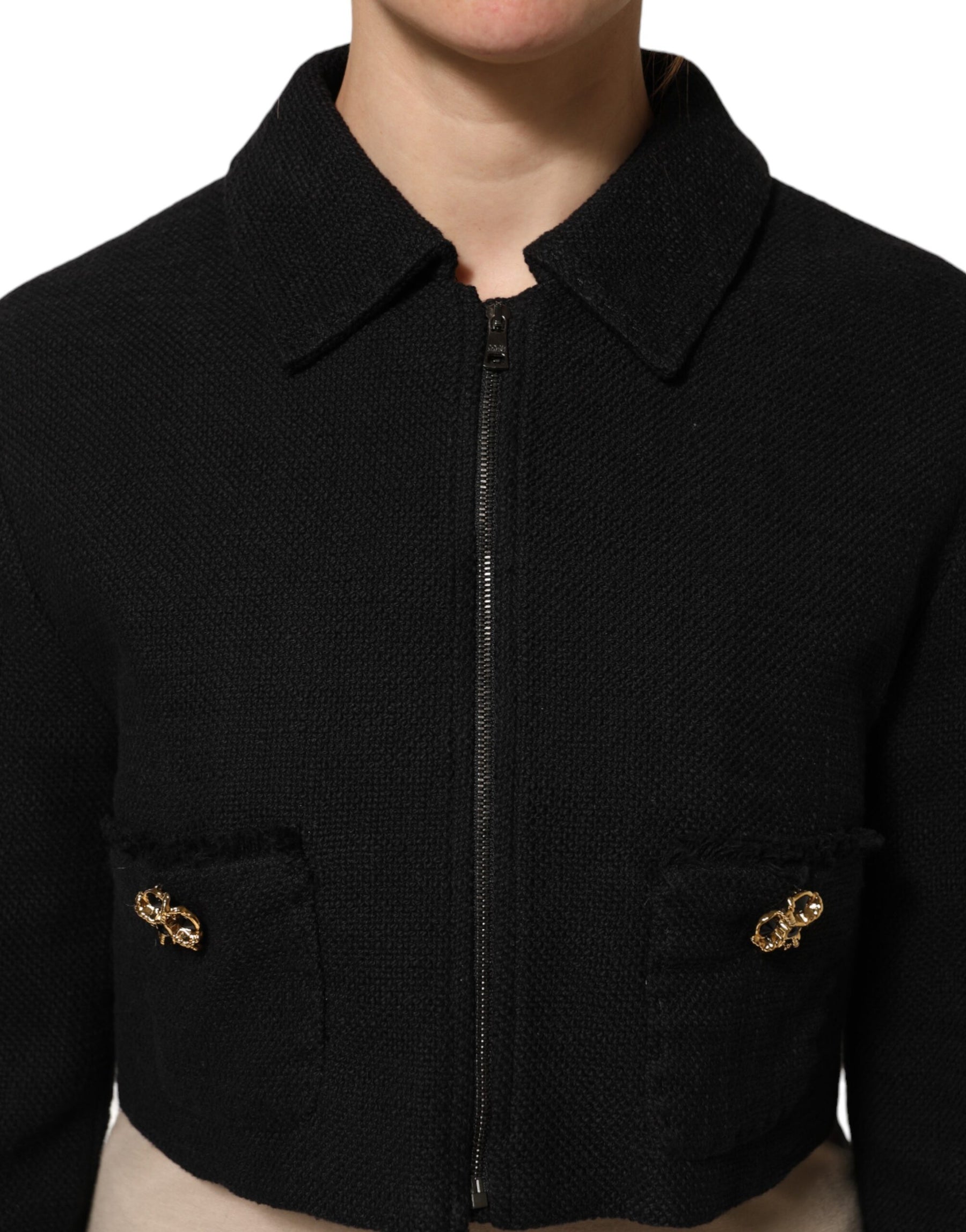 Dolce & Gabbana Black Cotton Full Zip Cropped Coat Jacket | Regal Royce