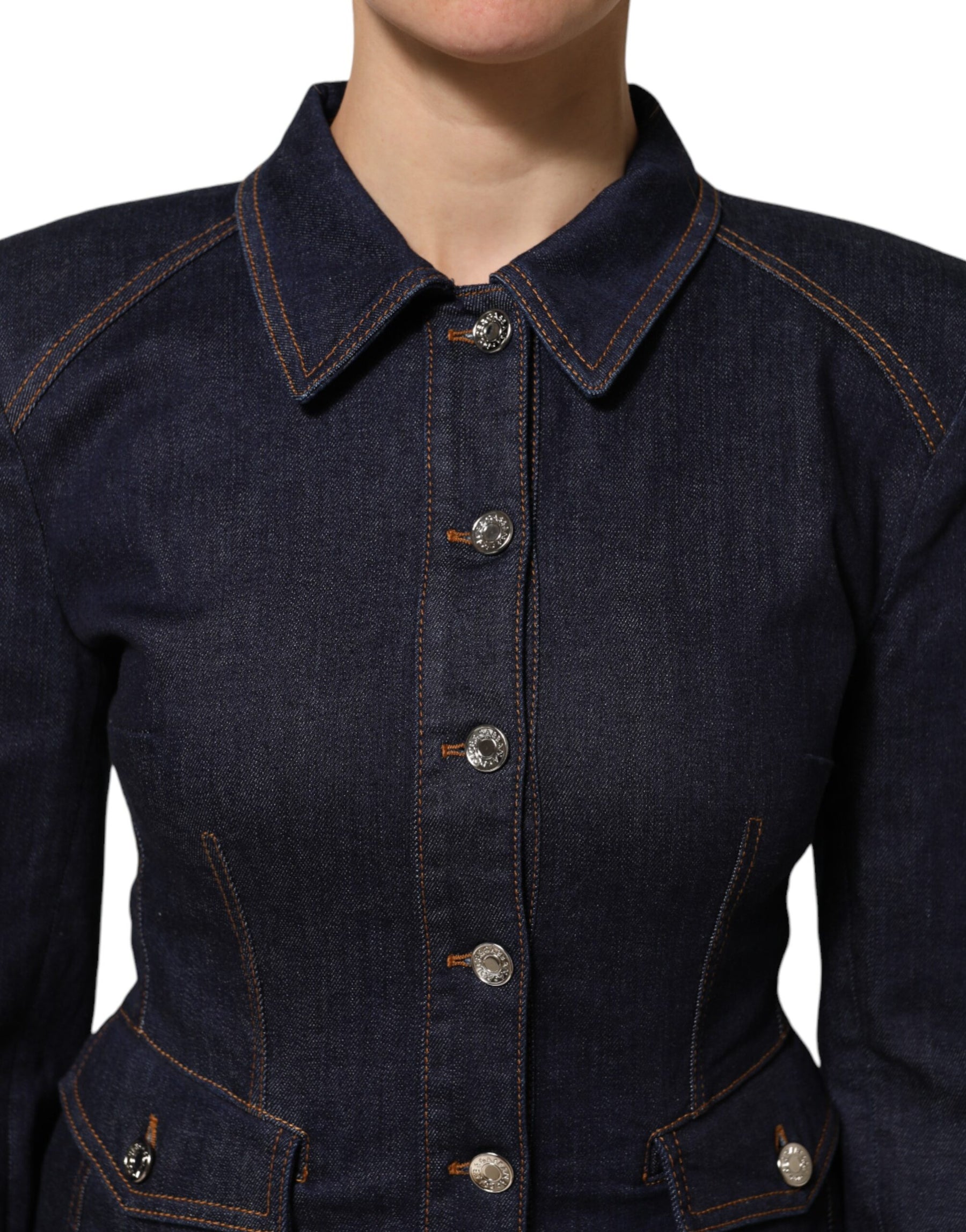 Dolce & Gabbana Dark Blue Cotton Collared Denim Coat Jacket | Regal Royce
