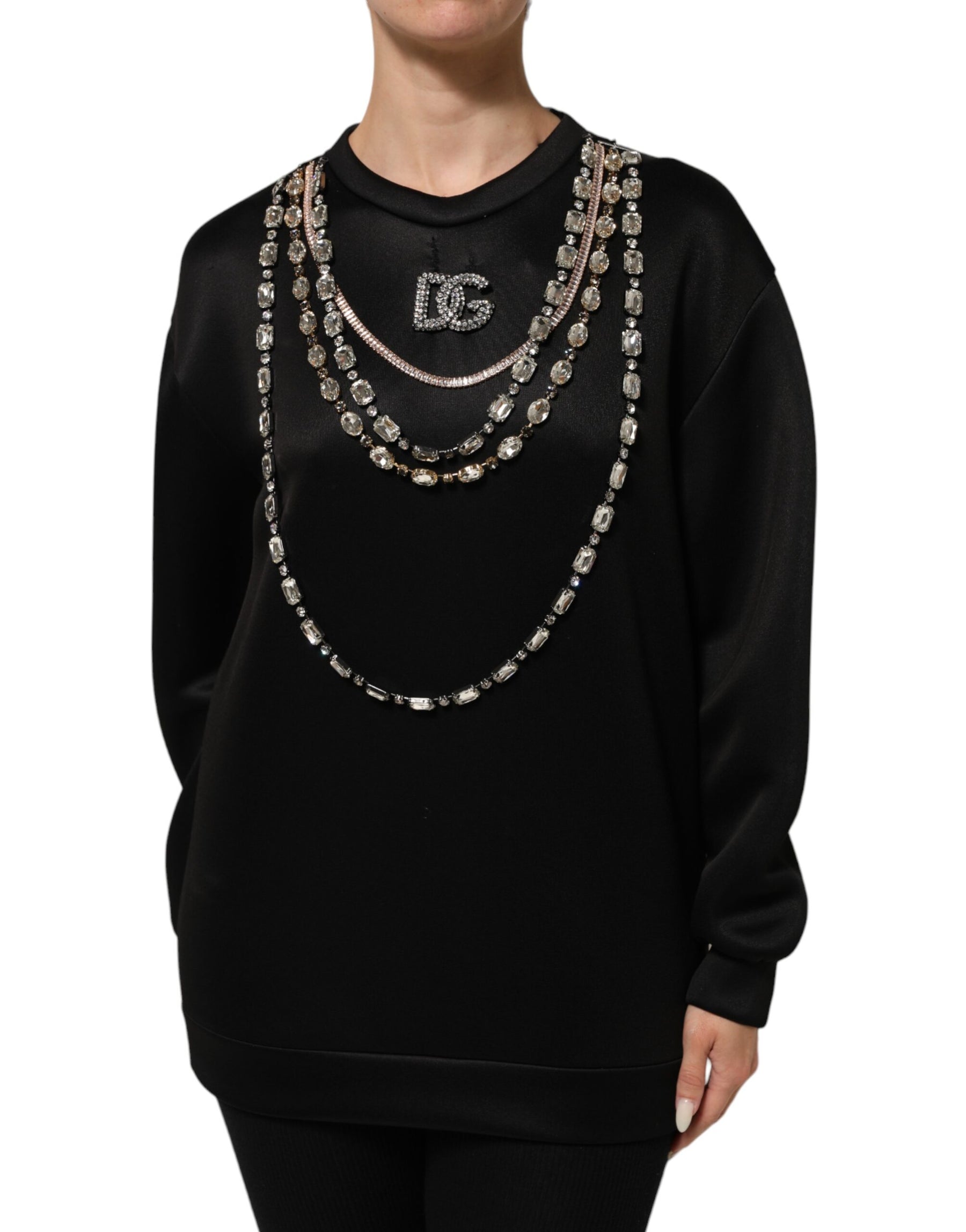 Dolce & Gabbana Black Necklace Crystal DG Logo Sweatshirt Sweater | Regal Royce
