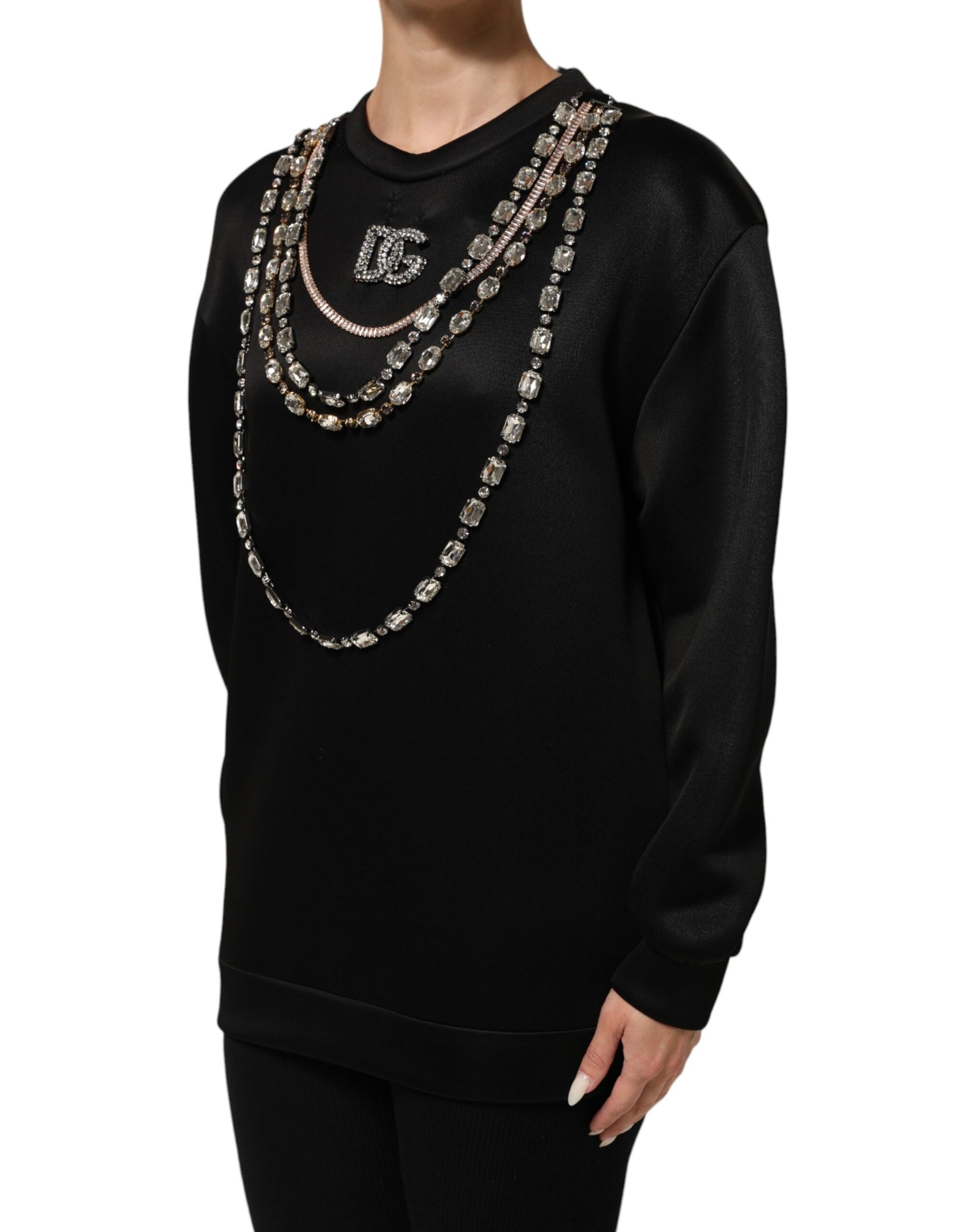 Dolce & Gabbana Black Necklace Crystal DG Logo Sweatshirt Sweater | Regal Royce