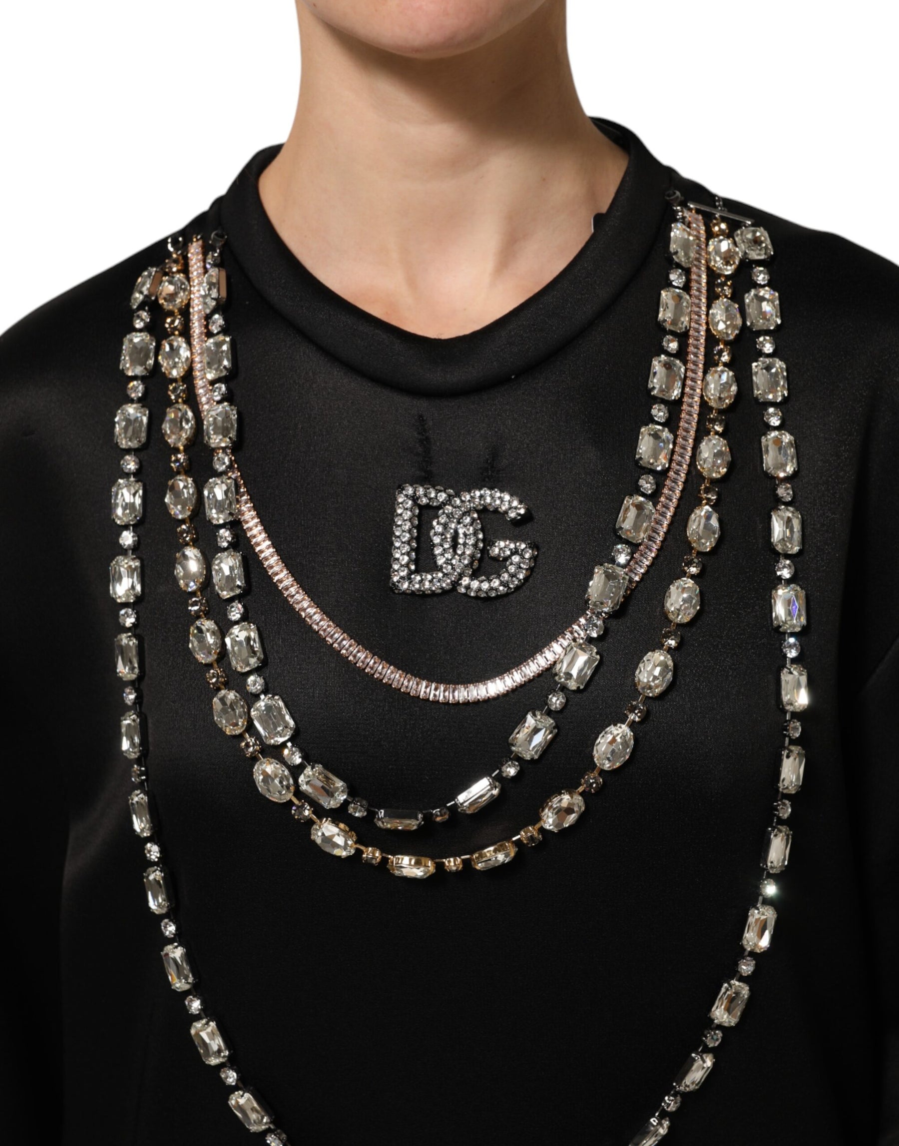Dolce & Gabbana Black Necklace Crystal DG Logo Sweatshirt Sweater | Regal Royce
