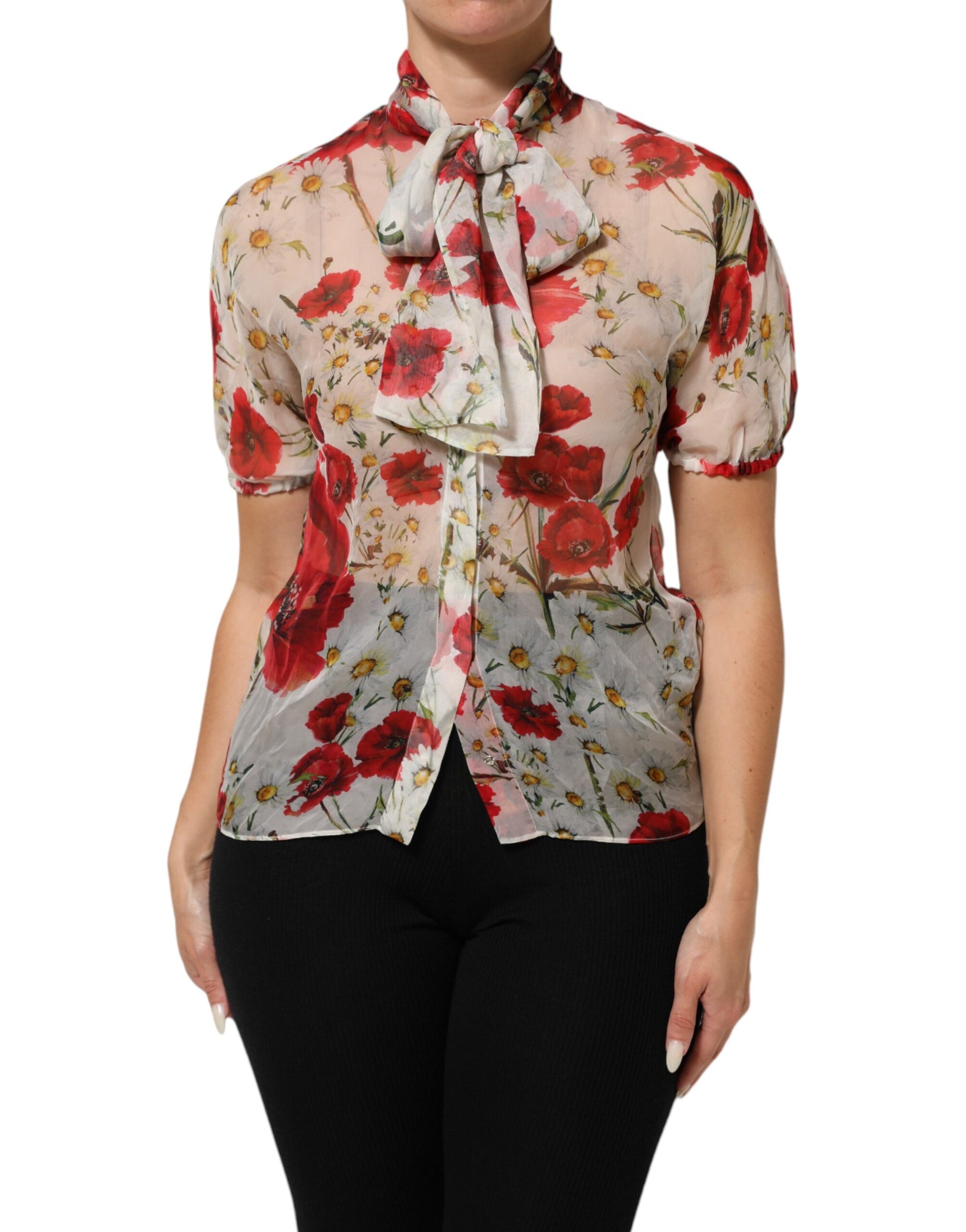 Dolce & Gabbana White Floral Tie-Neck Poppy Print Blouse Top | Regal Royce