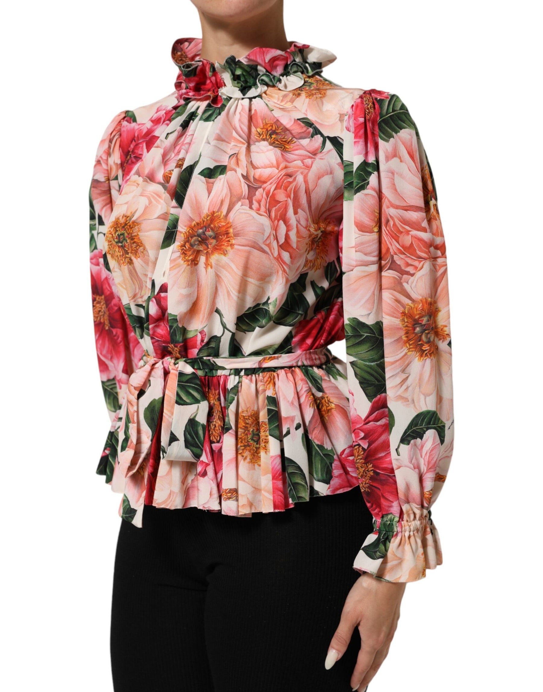 Dolce & Gabbana Pink Floral Printed Silk Ruffled Blouse Top | Regal Royce