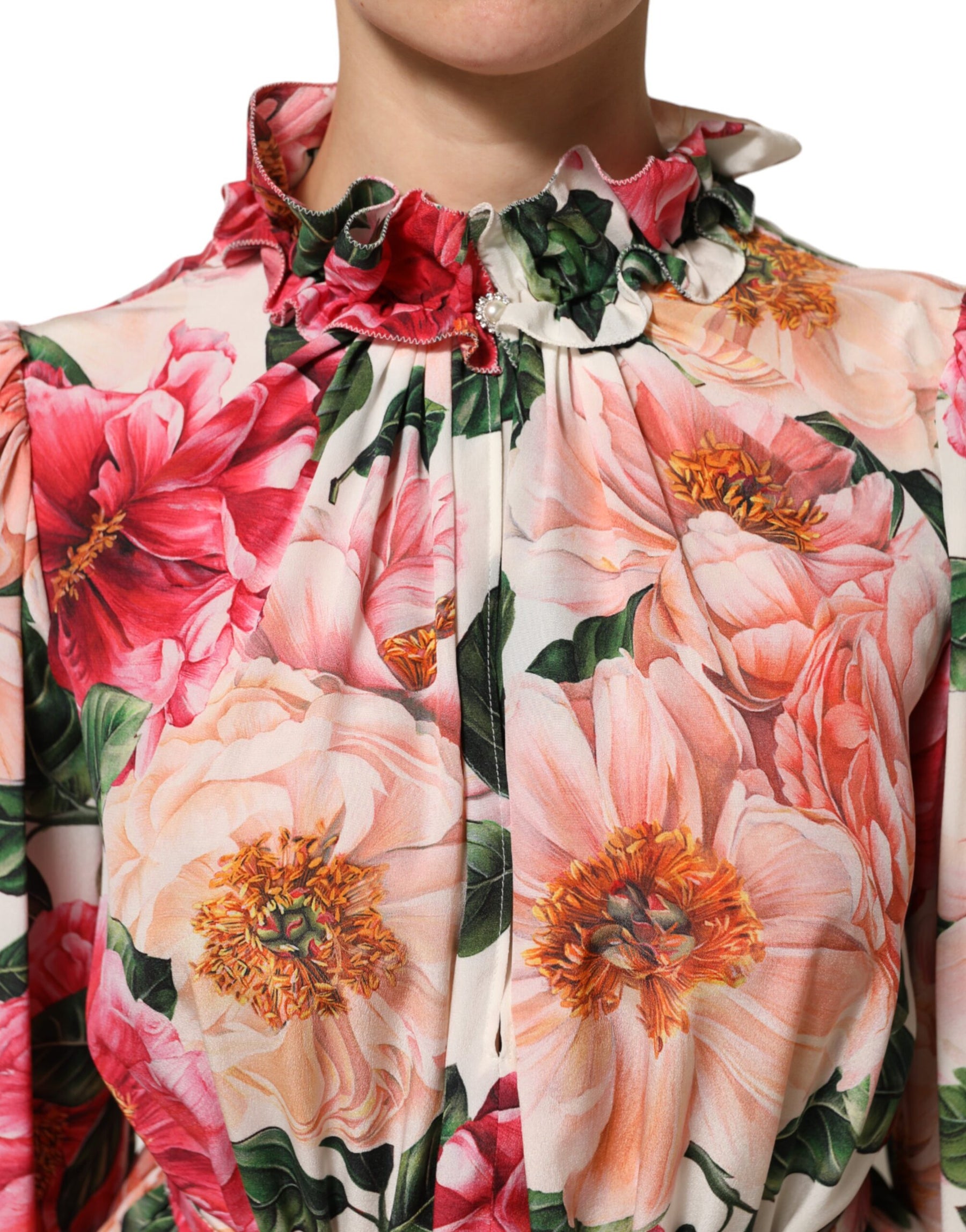 Dolce & Gabbana Pink Floral Printed Silk Ruffled Blouse Top | Regal Royce