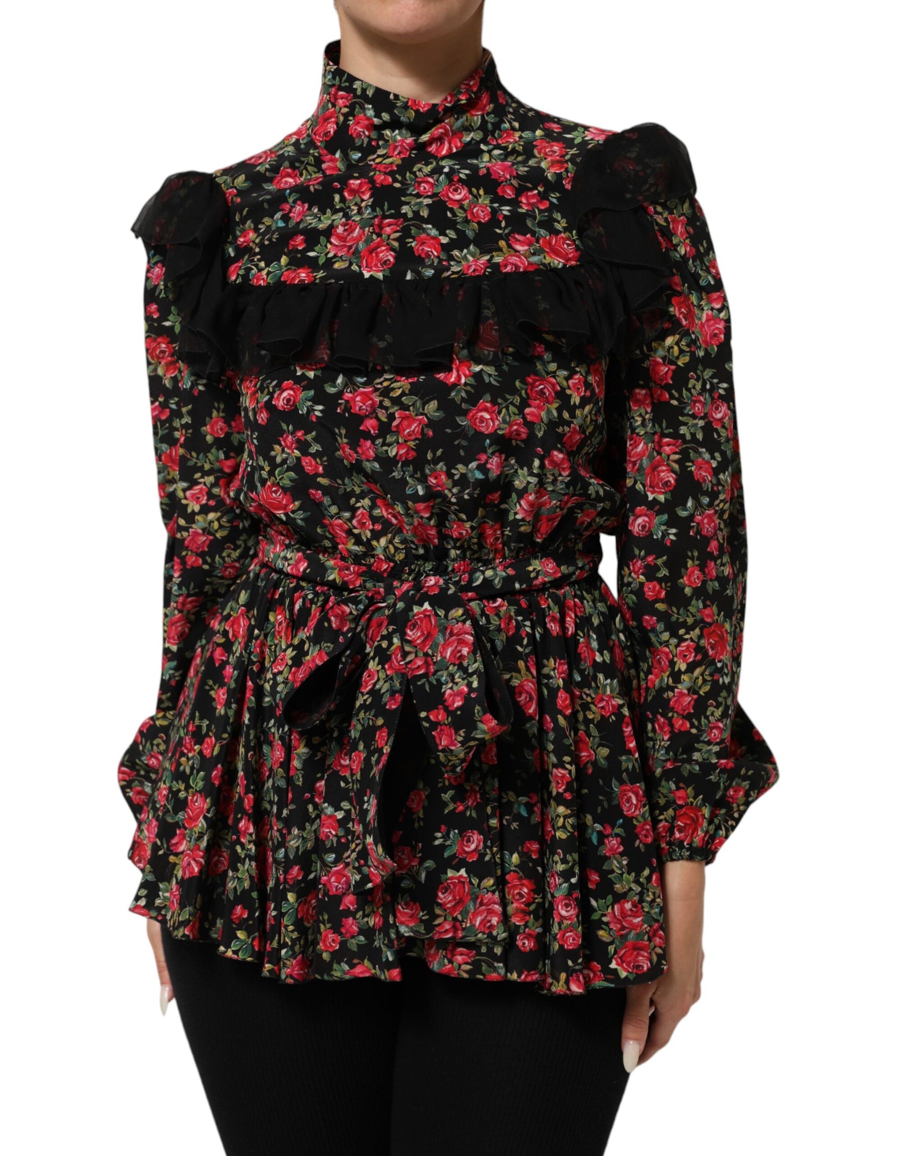 Dolce & Gabbana Black Floral Print Long Sleeve Blouse Top | Regal Royce