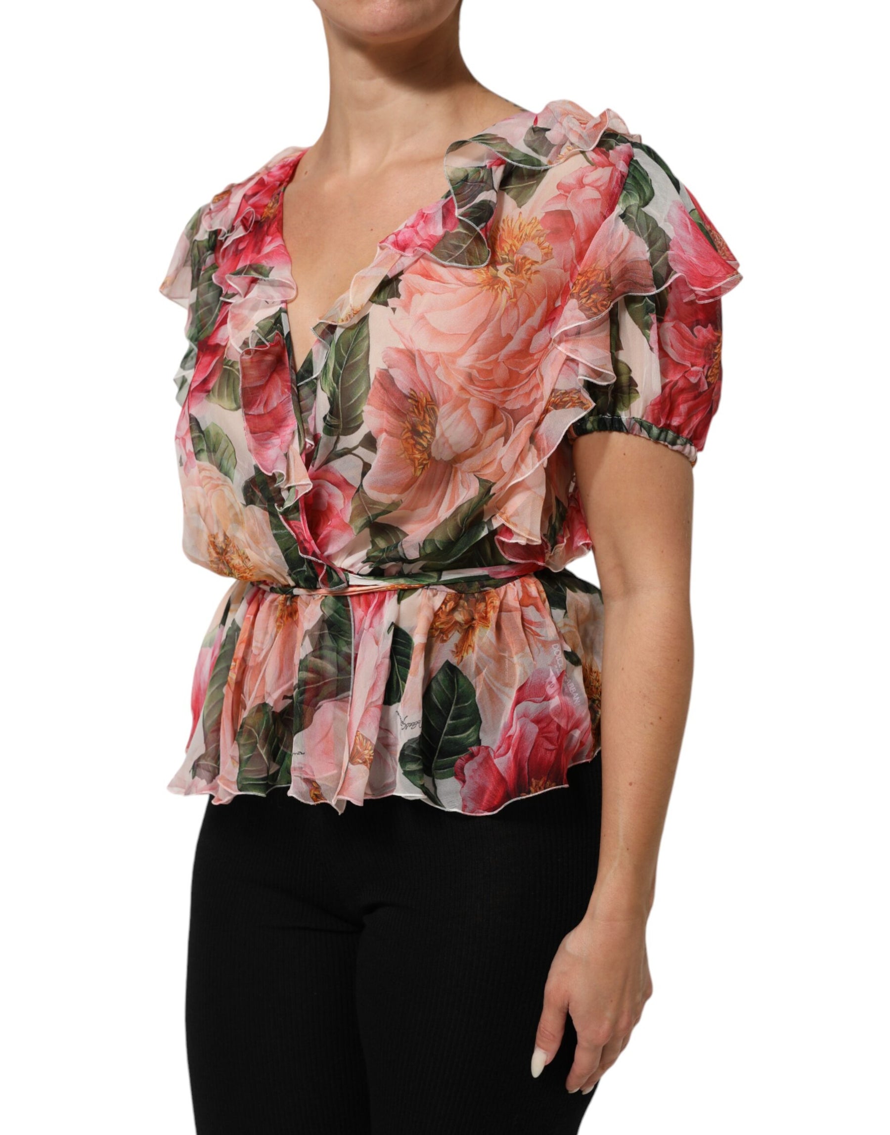 Dolce & Gabbana Pink Camellias Printed Silk V-neck Blouse Top | Regal Royce