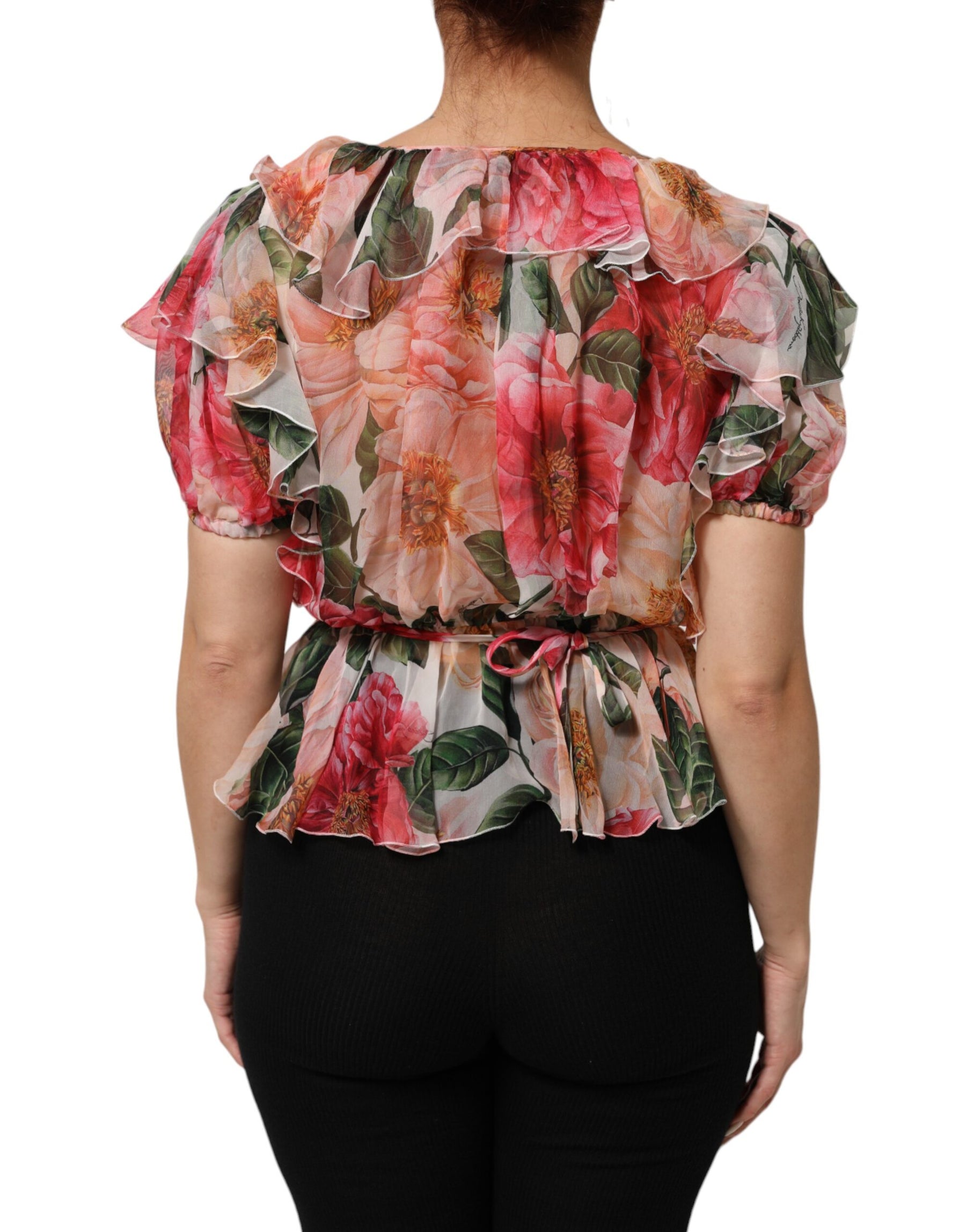 Dolce & Gabbana Pink Camellias Printed Silk V-neck Blouse Top | Regal Royce