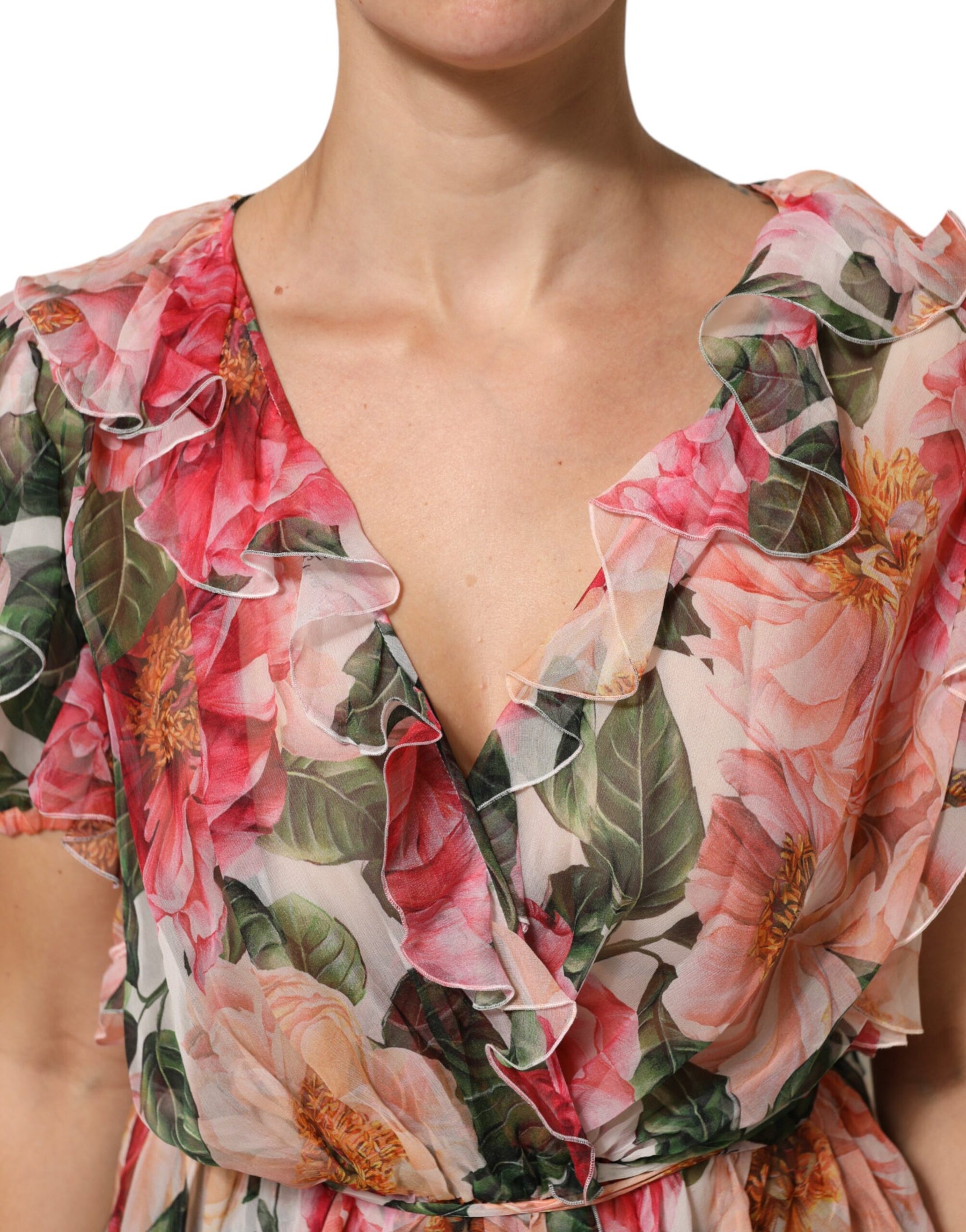 Dolce & Gabbana Pink Camellias Printed Silk V-neck Blouse Top | Regal Royce