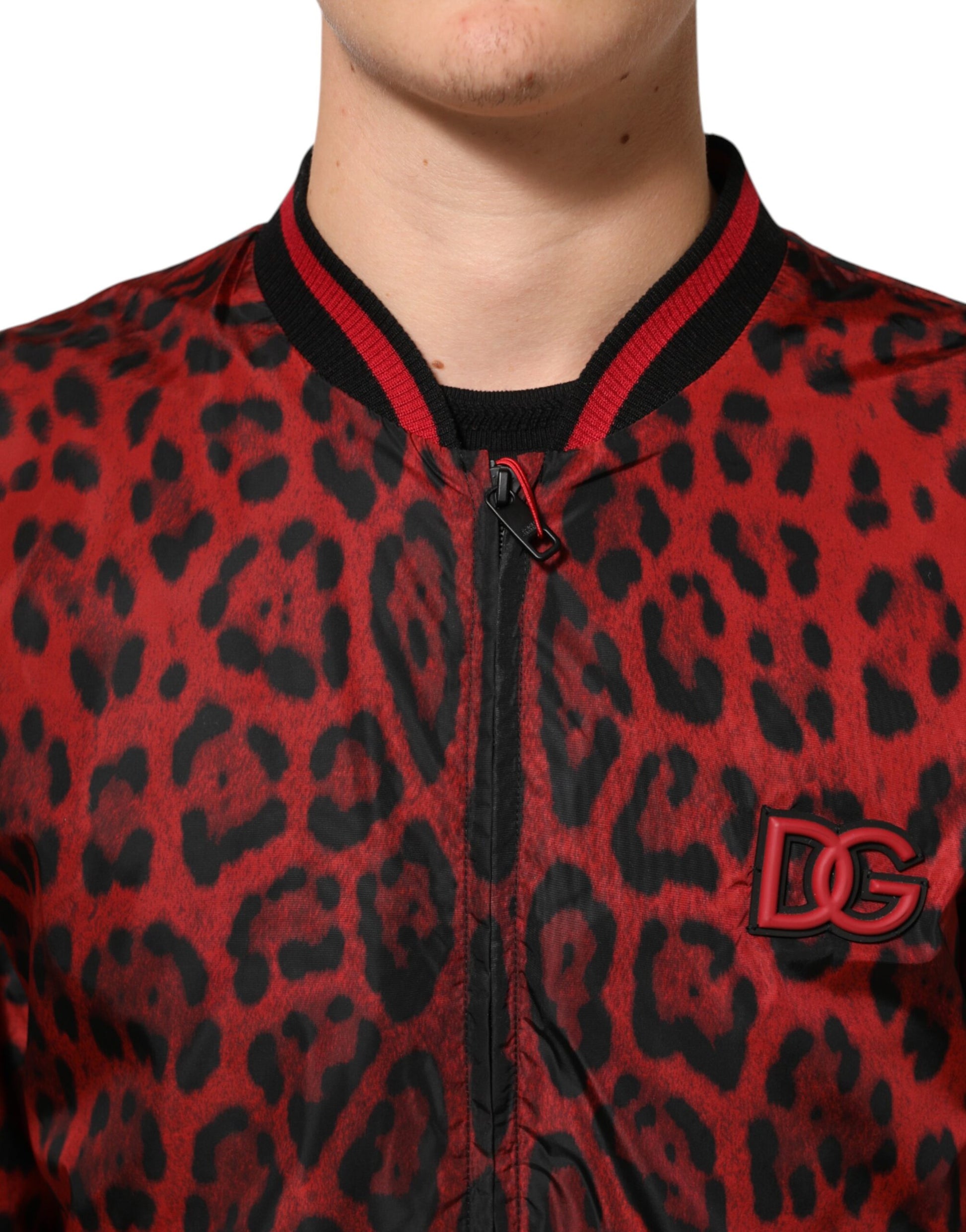 Dolce & Gabbana Red Leopard Print Full Zip Bomber Jacket