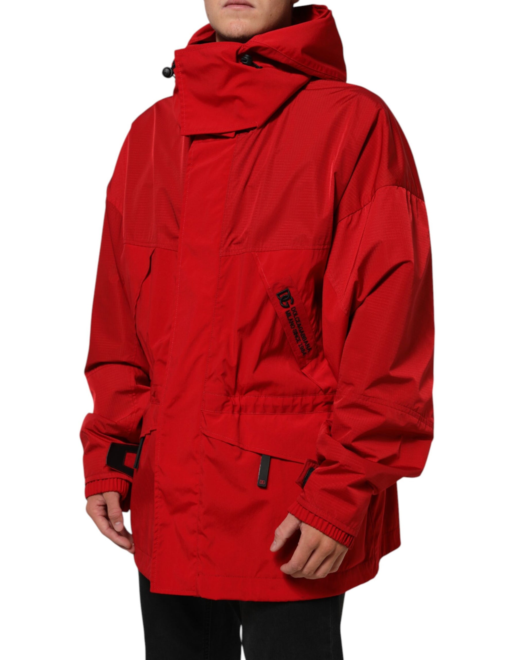 Dolce & Gabbana Red Nylon Hooded Men Full Zip Parka Jacket | Regal Royce