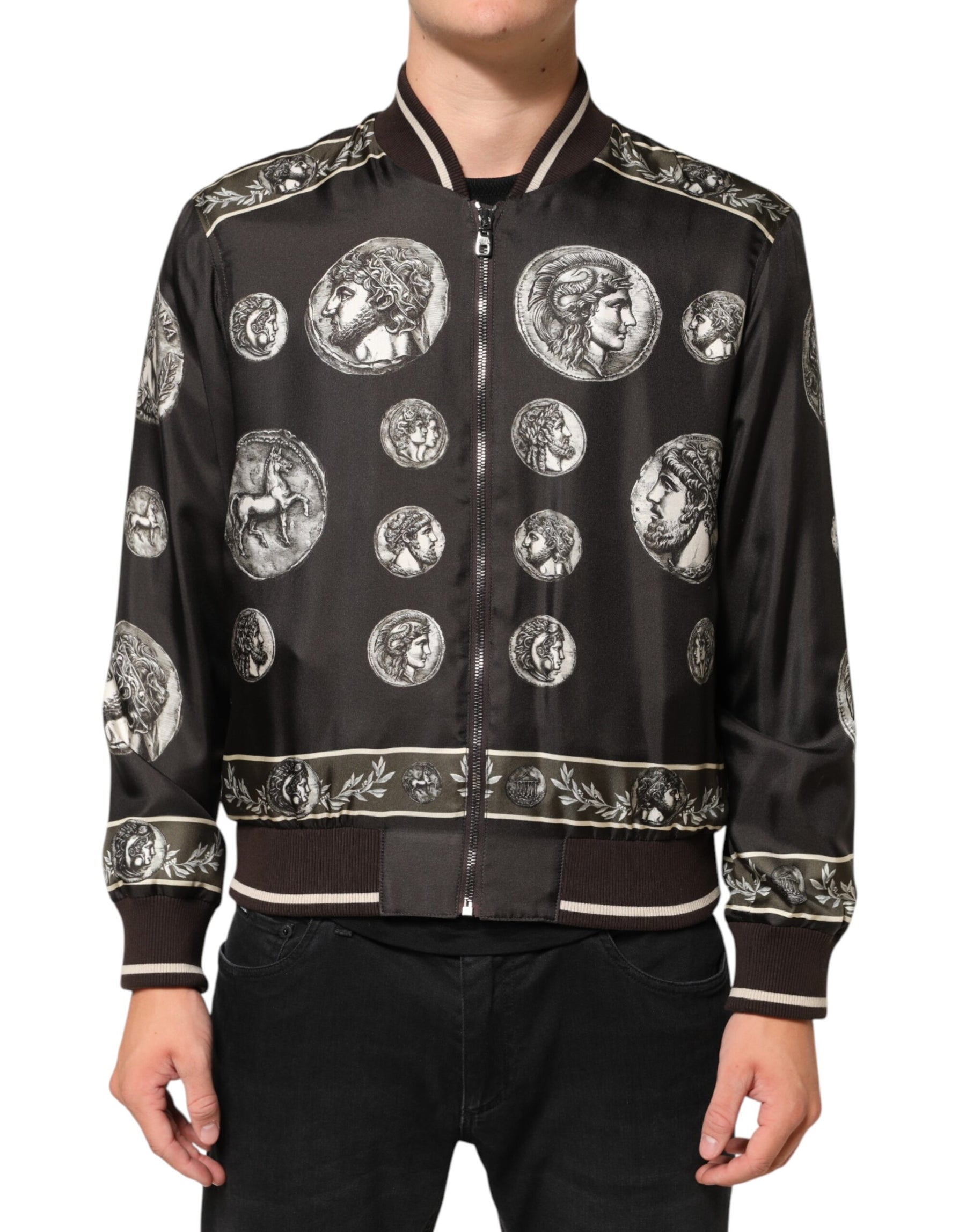Dolce & Gabbana Black "Monete" Coin Print Silk Bomber Jacket | Regal Royce