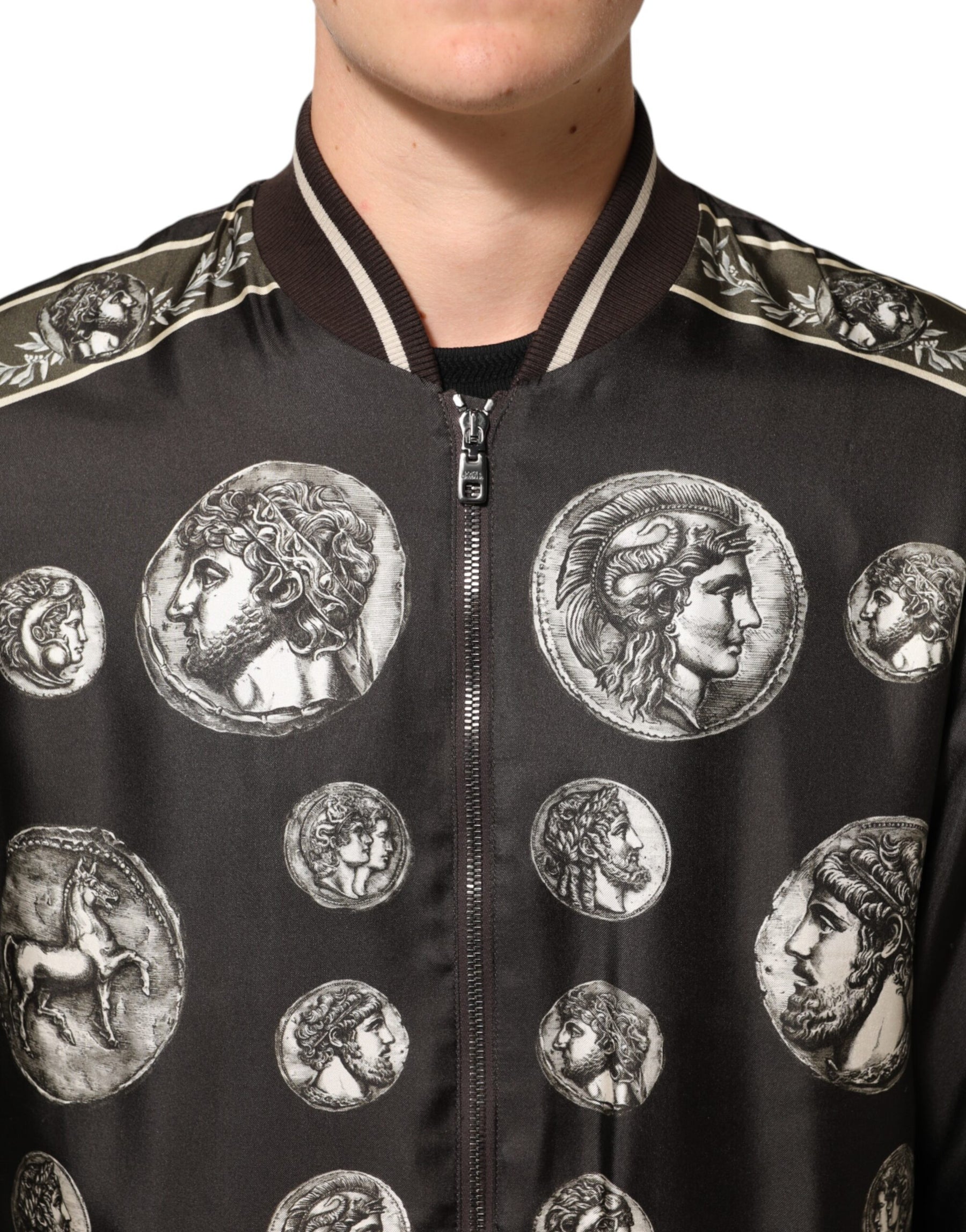 Dolce & Gabbana Black "Monete" Coin Print Silk Bomber Jacket | Regal Royce