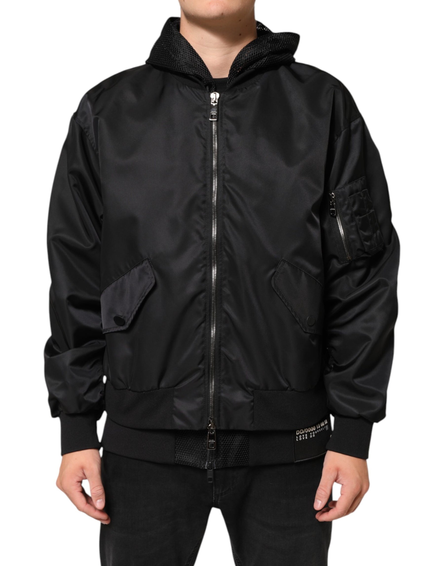 Dolce & Gabbana Black Nylon Hooded Full Zip Bomber Men Jacket | Regal Royce