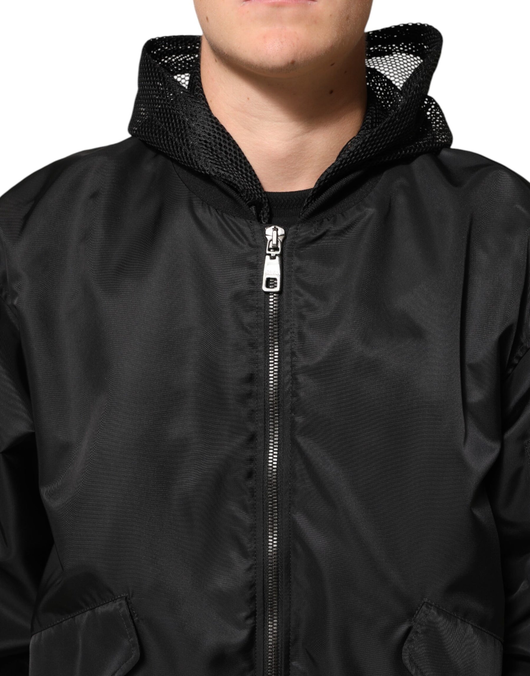Dolce & Gabbana Black Nylon Hooded Full Zip Bomber Men Jacket | Regal Royce
