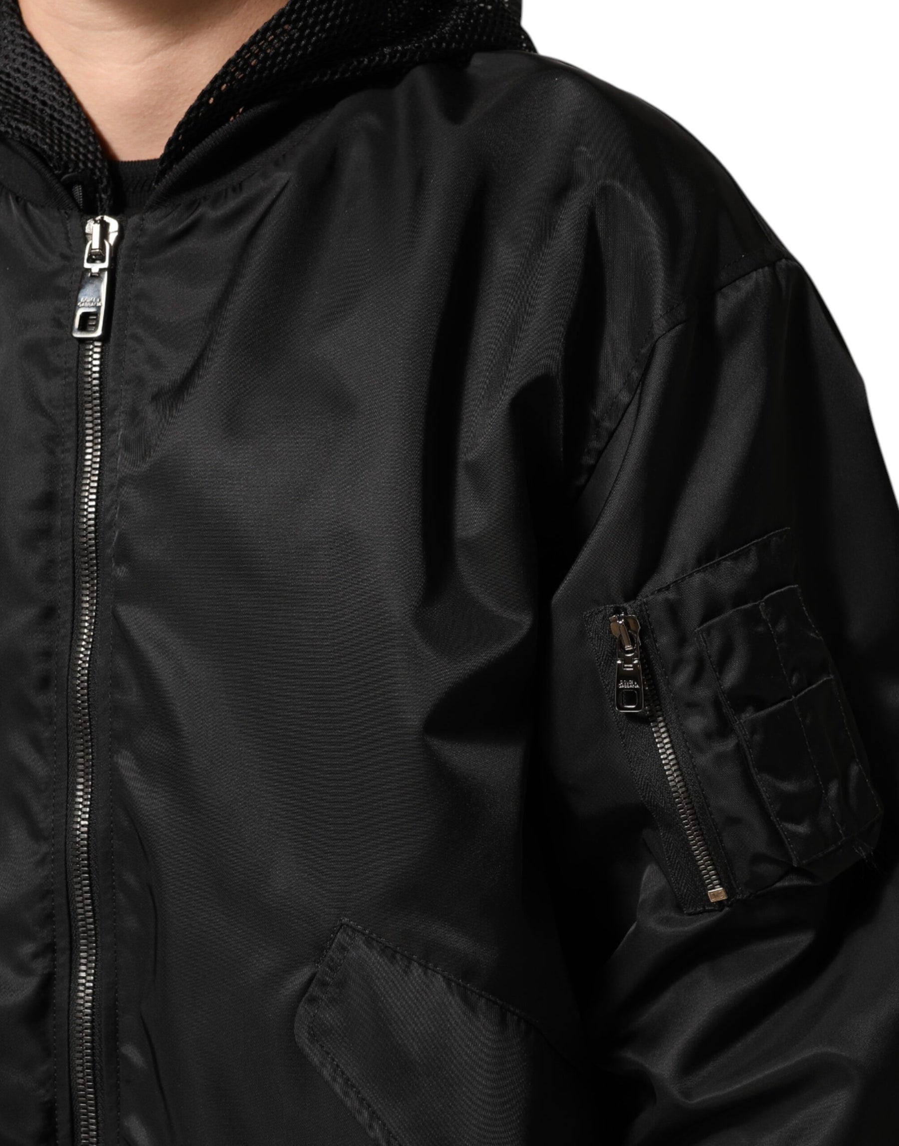 Dolce & Gabbana Black Nylon Hooded Full Zip Bomber Men Jacket | Regal Royce
