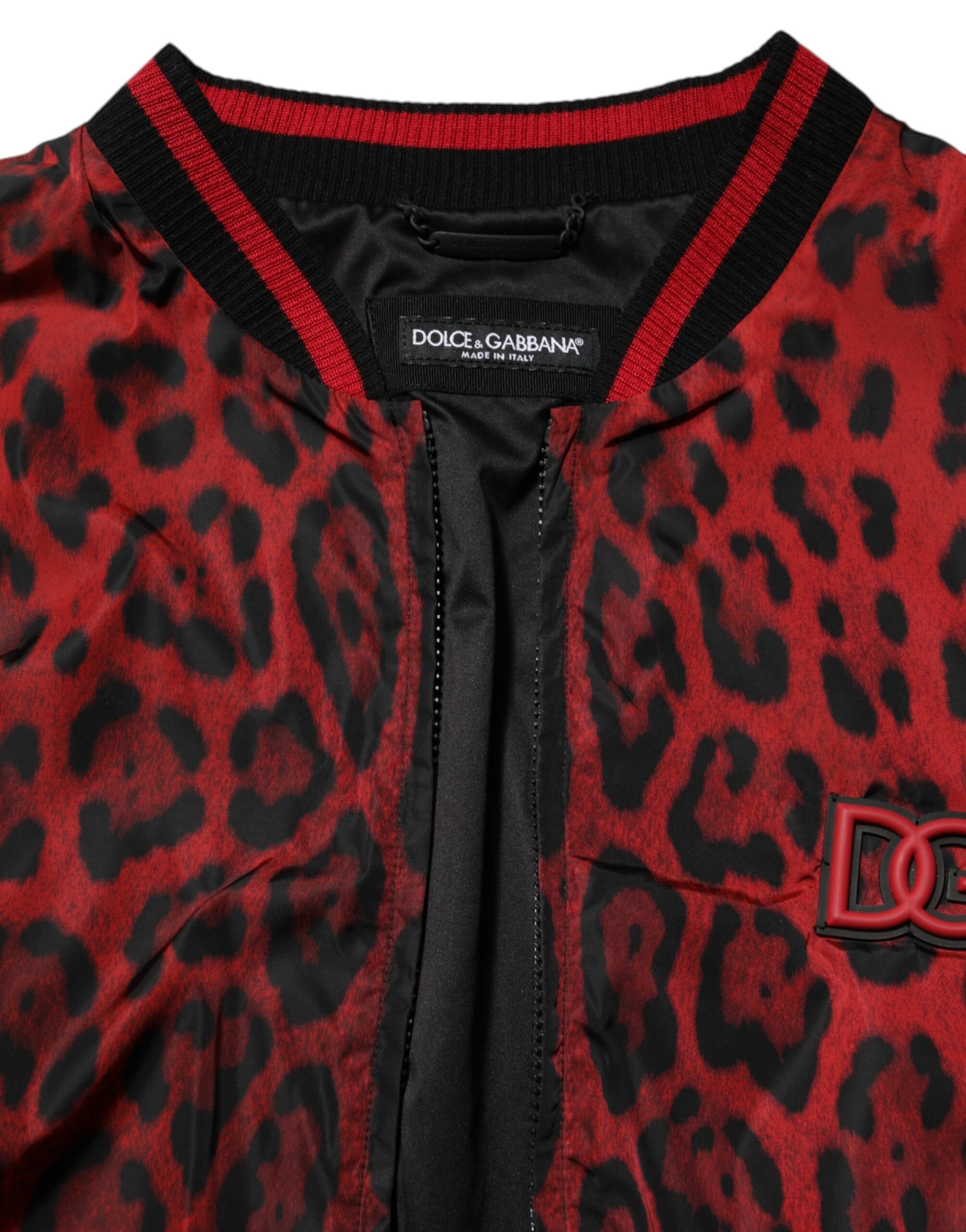 Dolce & Gabbana Red Leopard Print Full Zip Bomber Men Jacket | Regal Royce