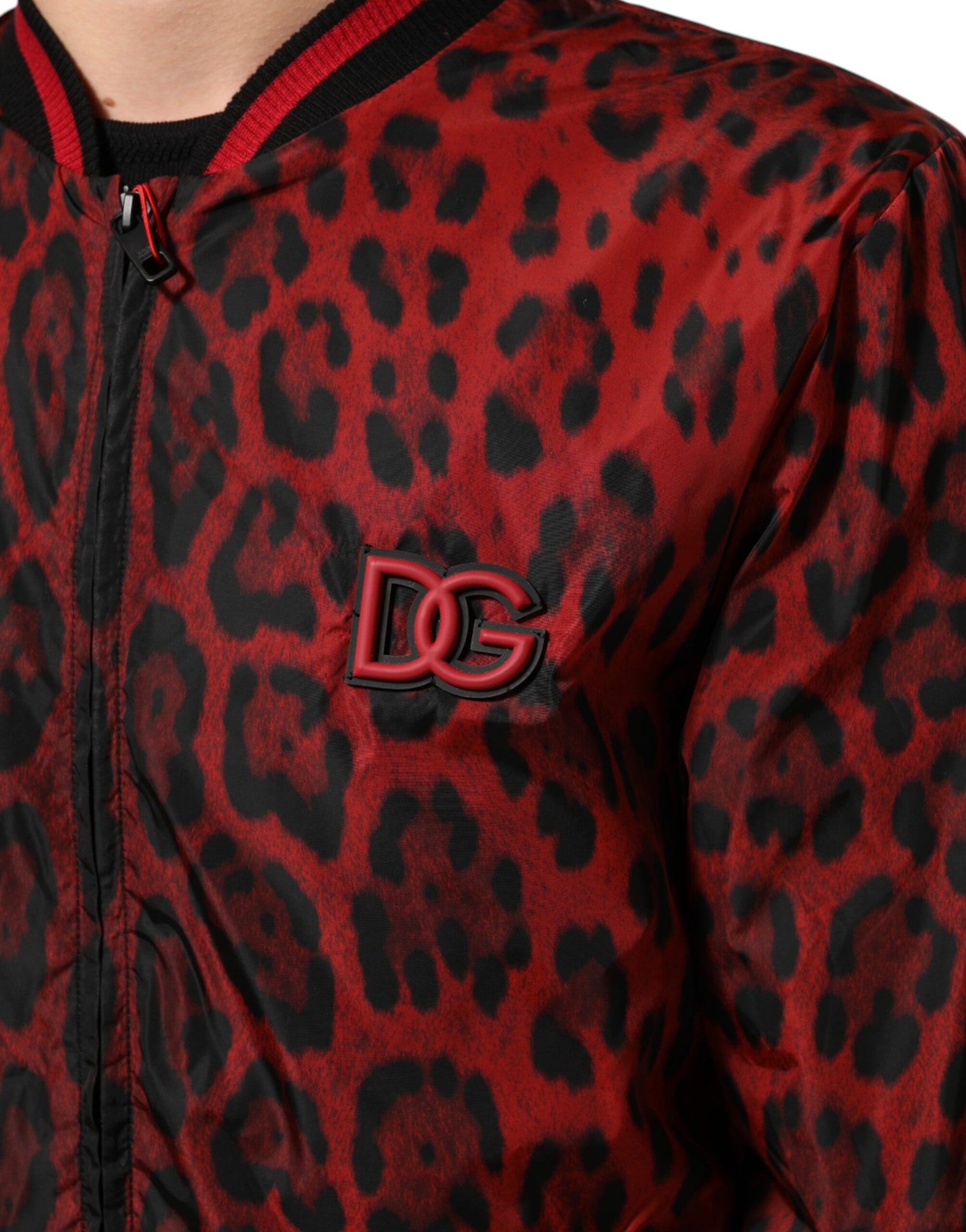 Dolce & Gabbana Red Leopard Print Full Zip Bomber Men Jacket | Regal Royce