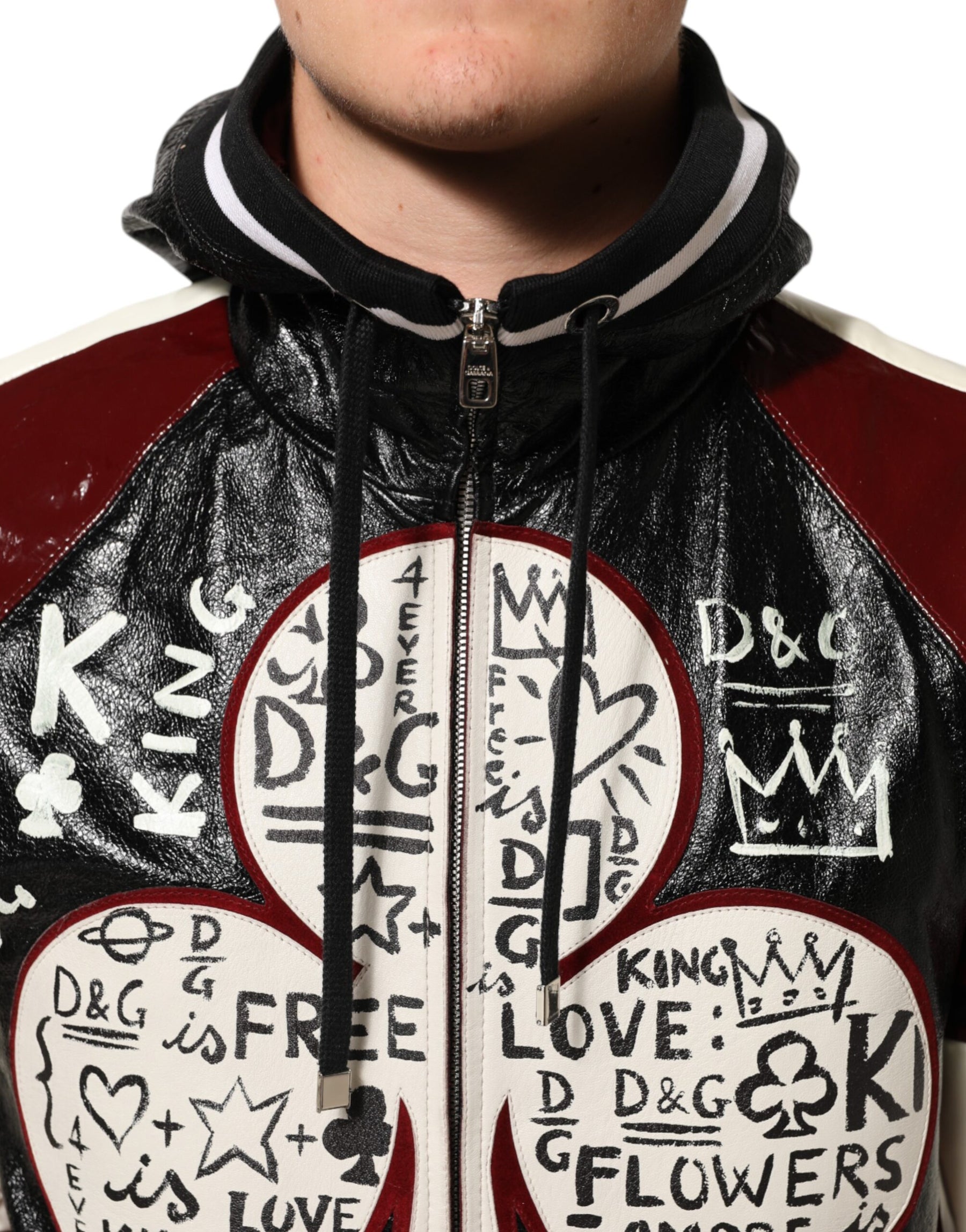 Dolce & Gabbana Multicolor Hooded Leather DG King Men Biker Jacket | Regal Royce