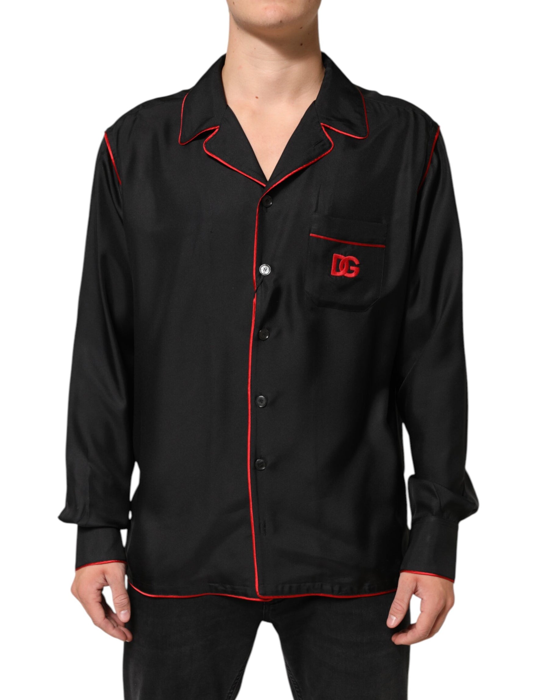 Dolce & Gabbana Black Red Contrast Trim Silk Casual Shirt | Regal Royce