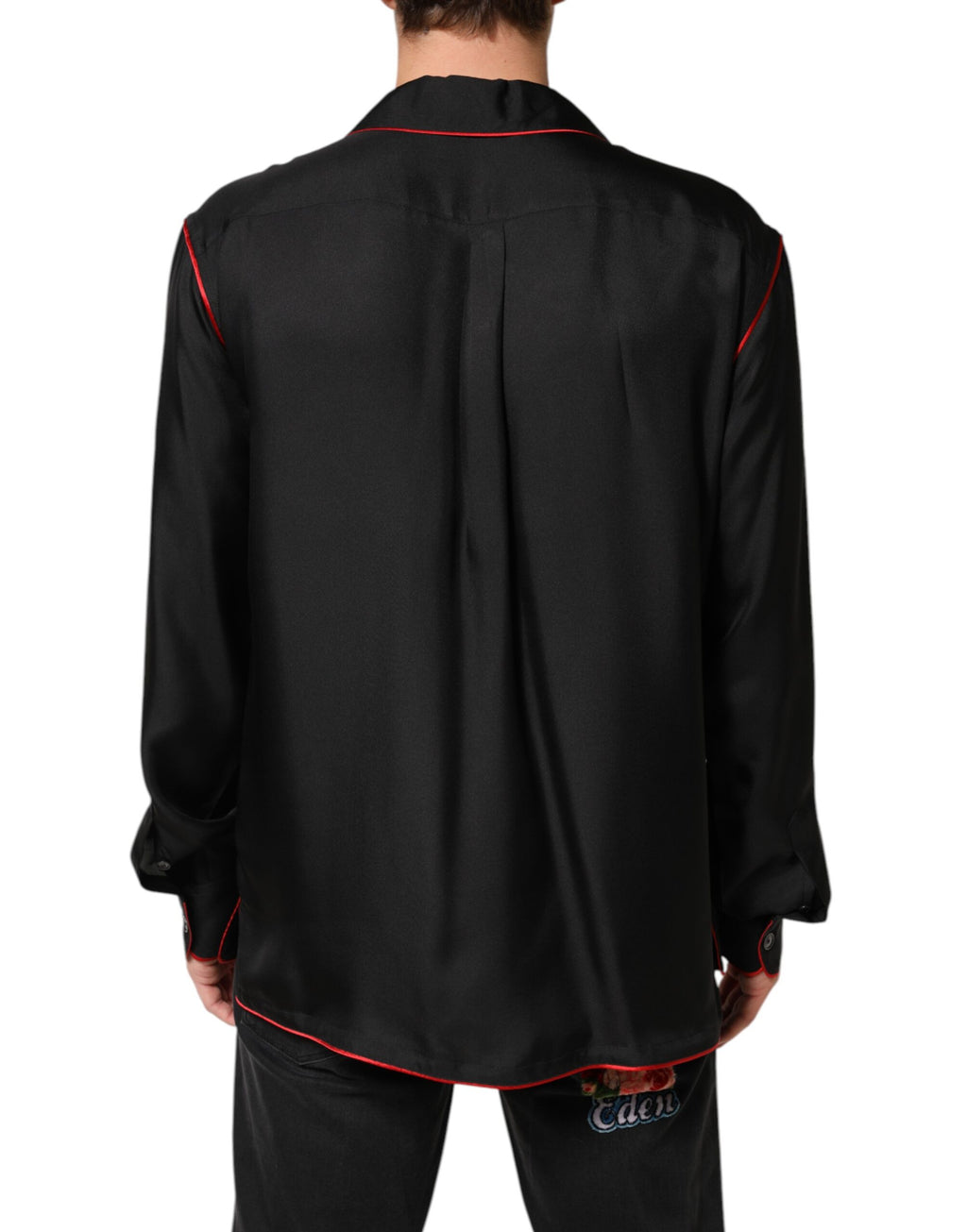 Dolce & Gabbana Black Red Contrast Trim Silk Casual Shirt