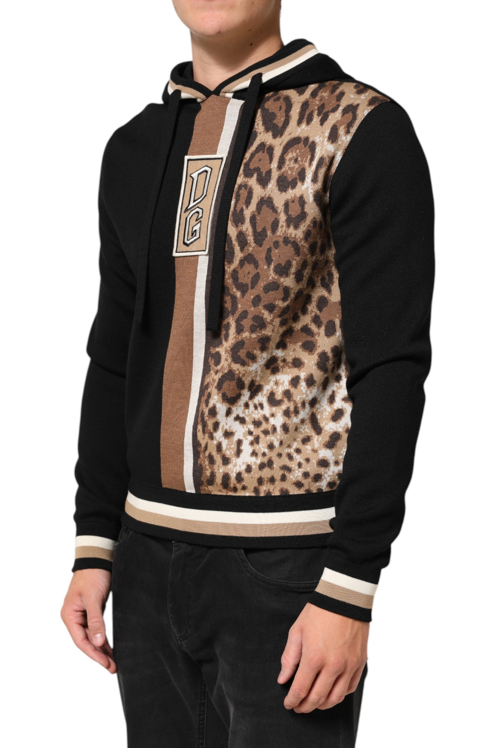 Dolce & Gabbana Black Leopard Logo Hooded Sweatshirt Sweater