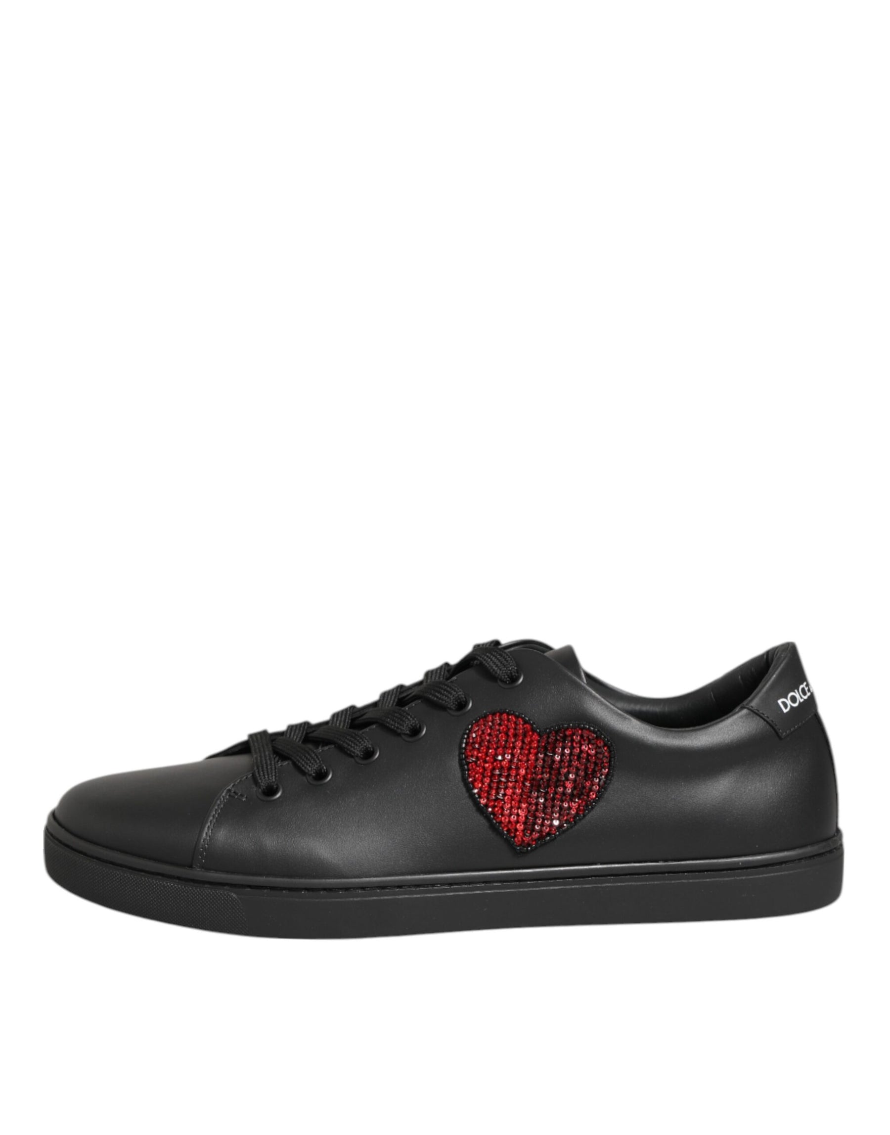 Dolce & Gabbana Black Leather Crystal Heart Sneakers  Shoes | Regal Royce