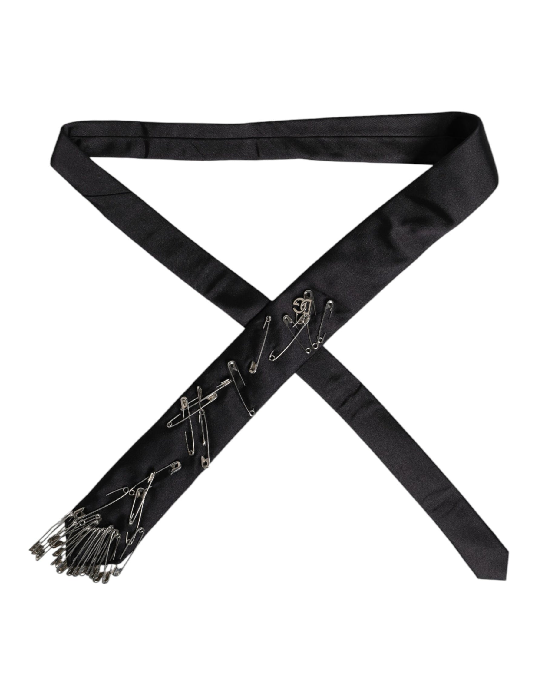 Dolce & Gabbana Black Safety Pins Silk Adjustable Necktie Accessory Tie | Regal Royce