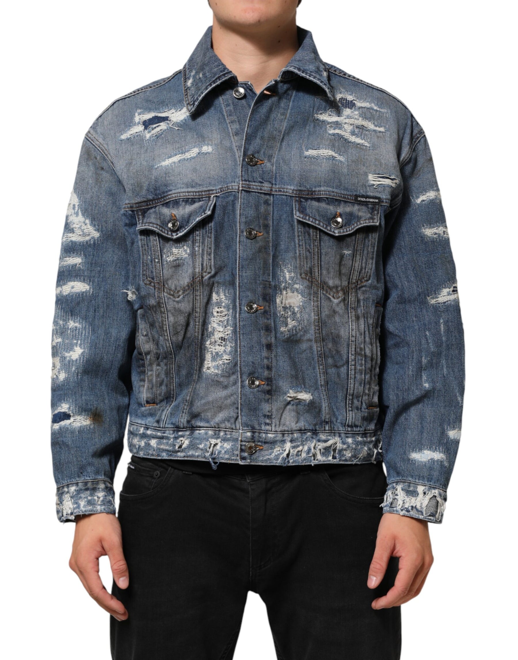 Dolce & Gabbana Blue Cotton Tattered Denim Blouson Jacket | Regal Royce