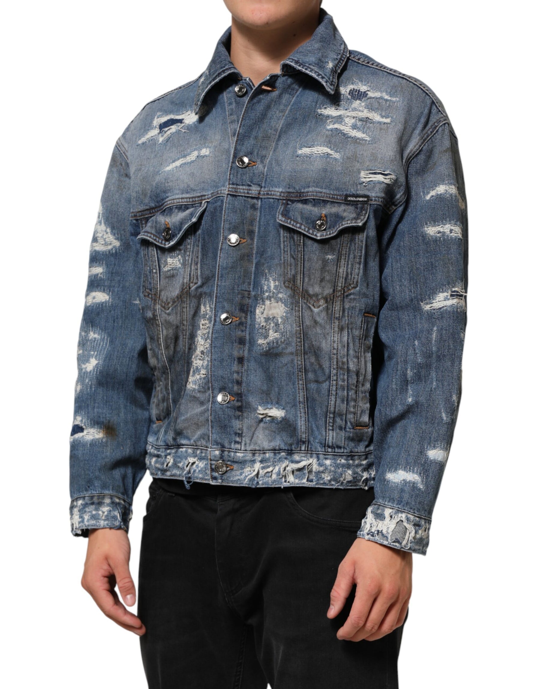Dolce & Gabbana Blue Cotton Tattered Denim Blouson Jacket | Regal Royce