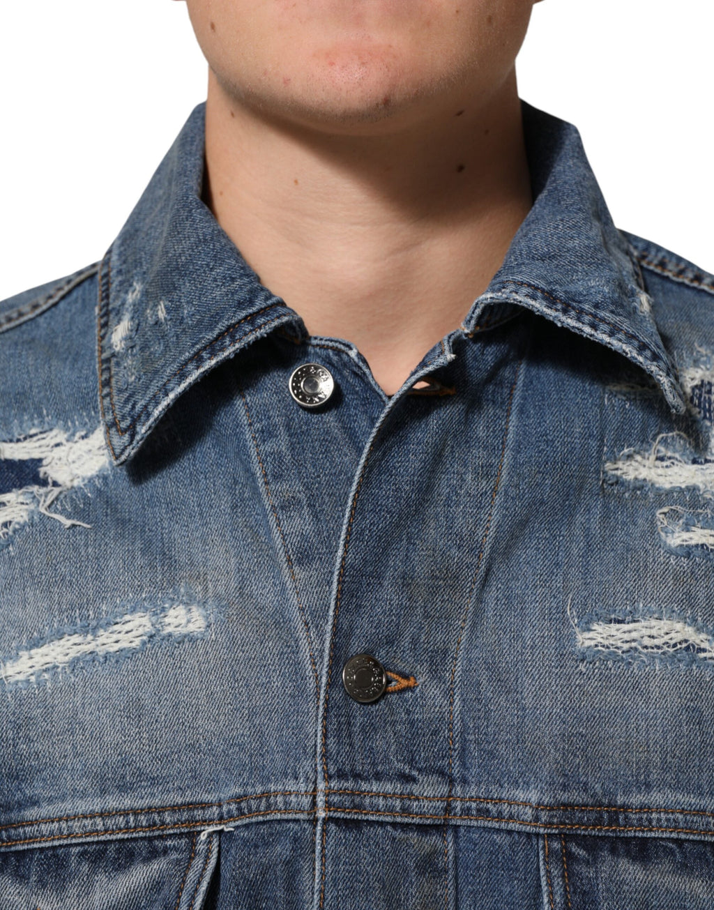 Dolce & Gabbana Blue Cotton Tattered Denim Blouson Jacket