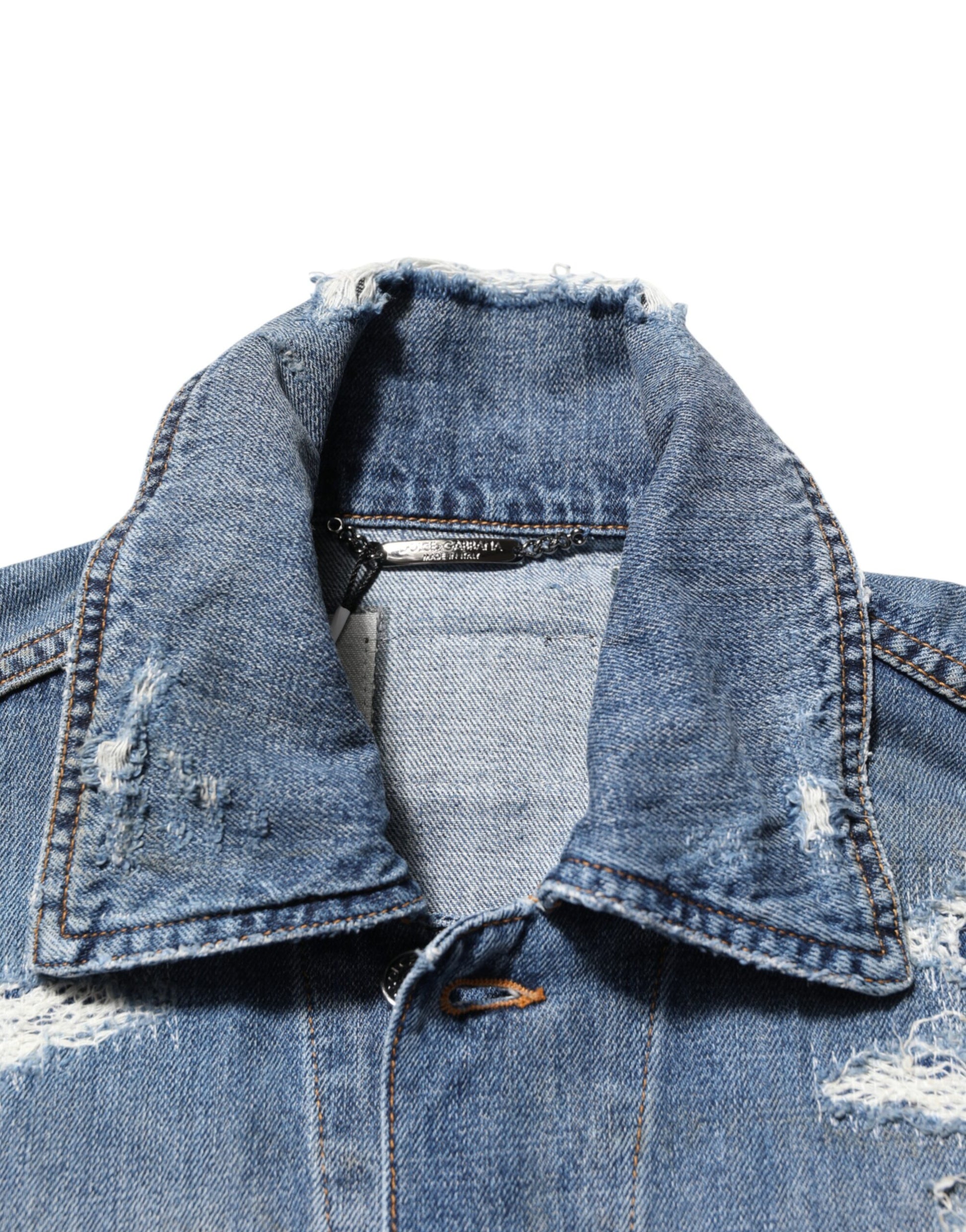 Dolce & Gabbana Blue Cotton Tattered Denim Blouson Jacket
