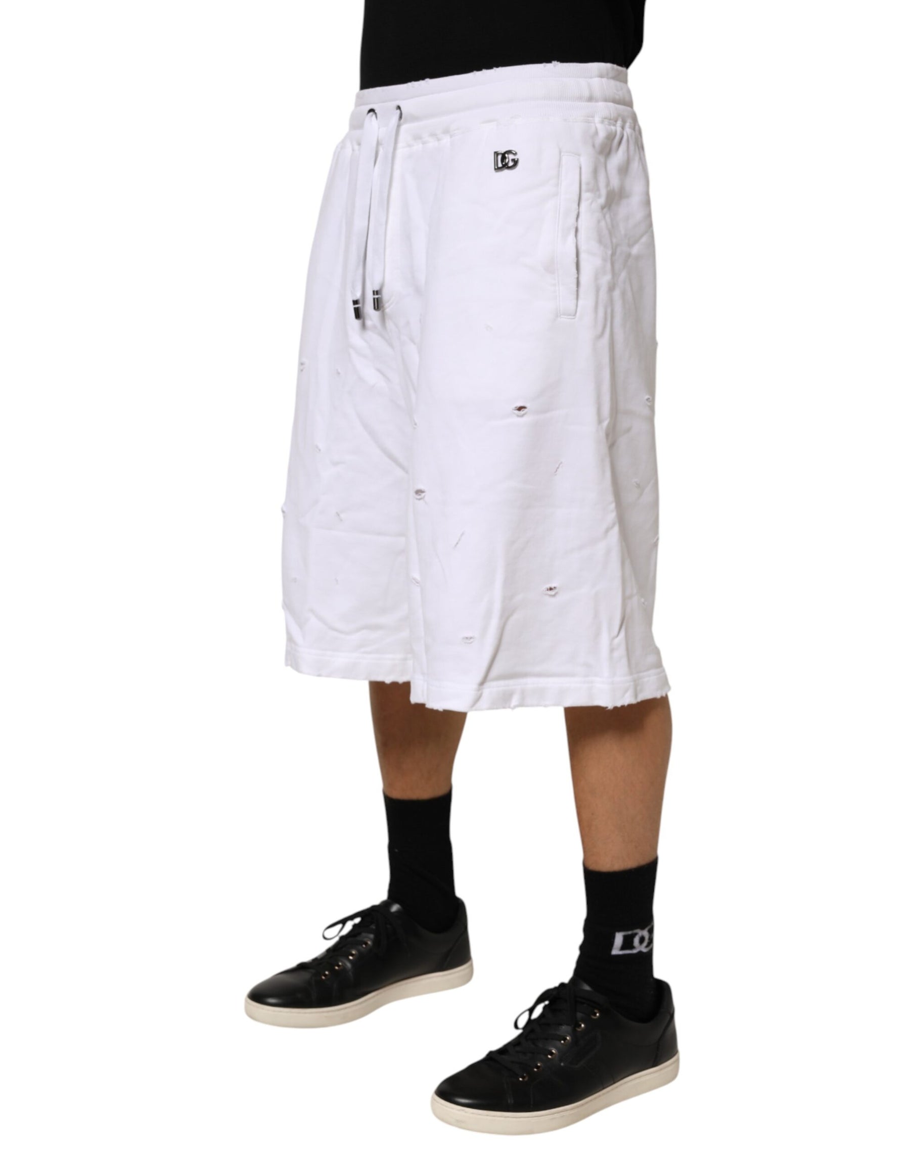 Dolce & Gabbana White Distressed Cotton Men Bermuda Shorts | Regal Royce
