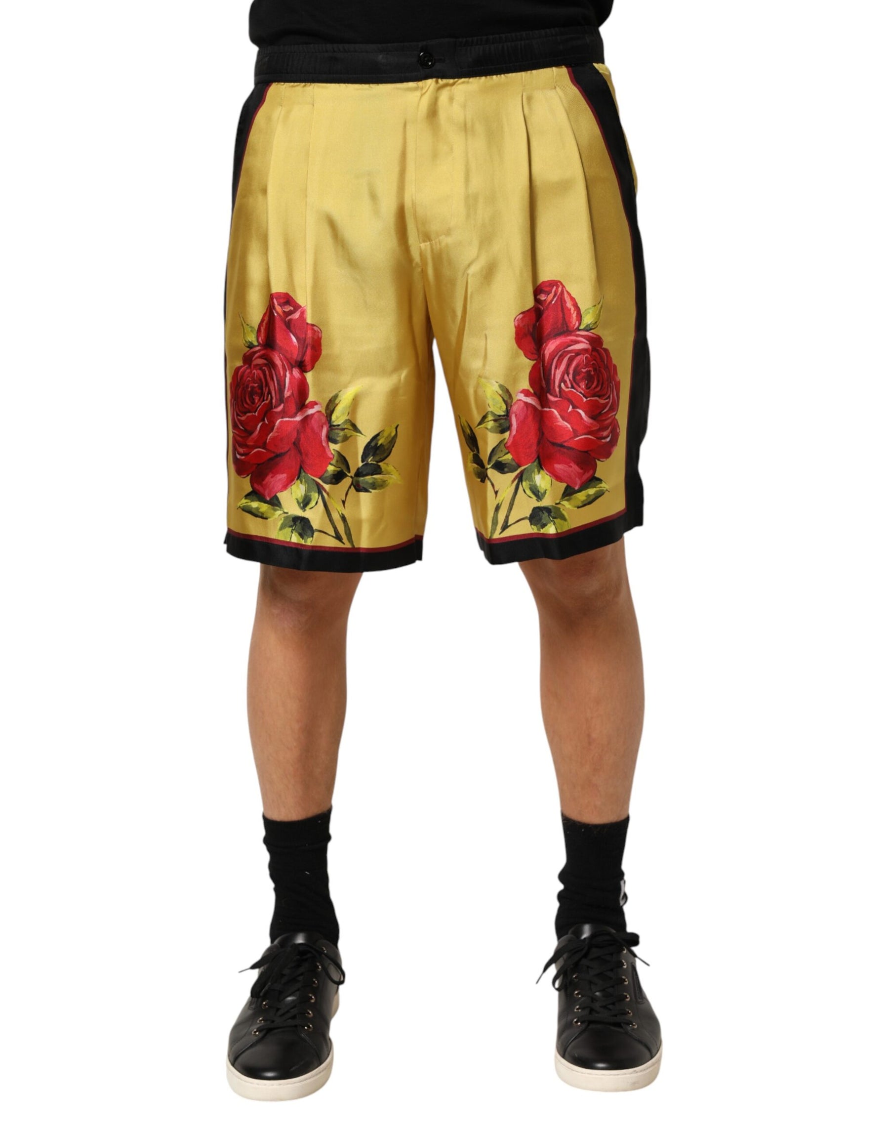 Dolce & Gabbana Yellow Floral Print Silk Men Bermuda Shorts | Regal Royce