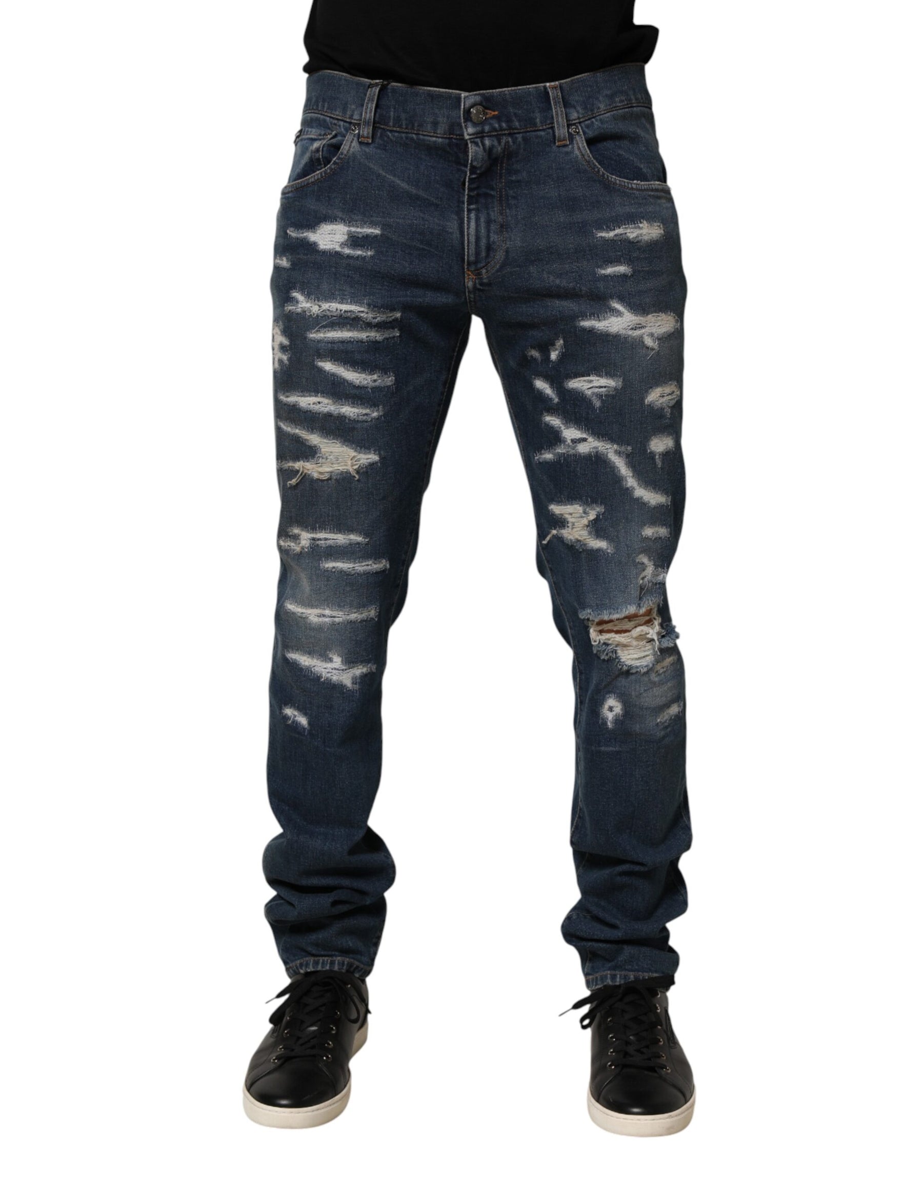 Dolce & Gabbana Blue Tattered Cotton Skinny Men Denim Jeans | Regal Royce