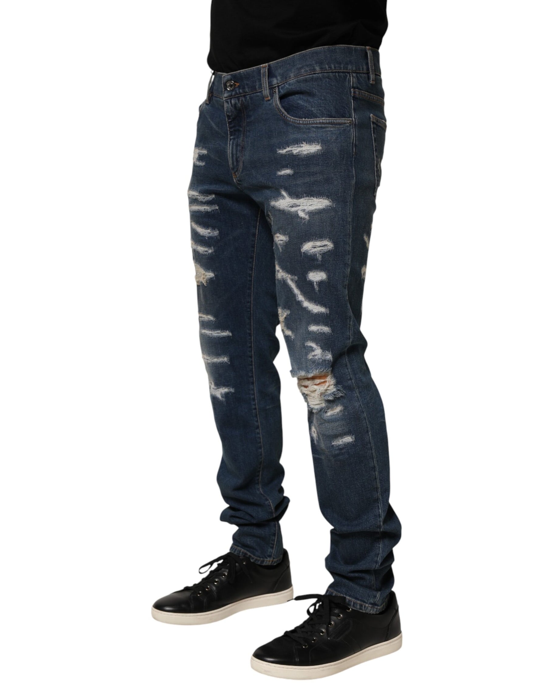 Dolce & Gabbana Blue Tattered Cotton Skinny Men Denim Jeans | Regal Royce