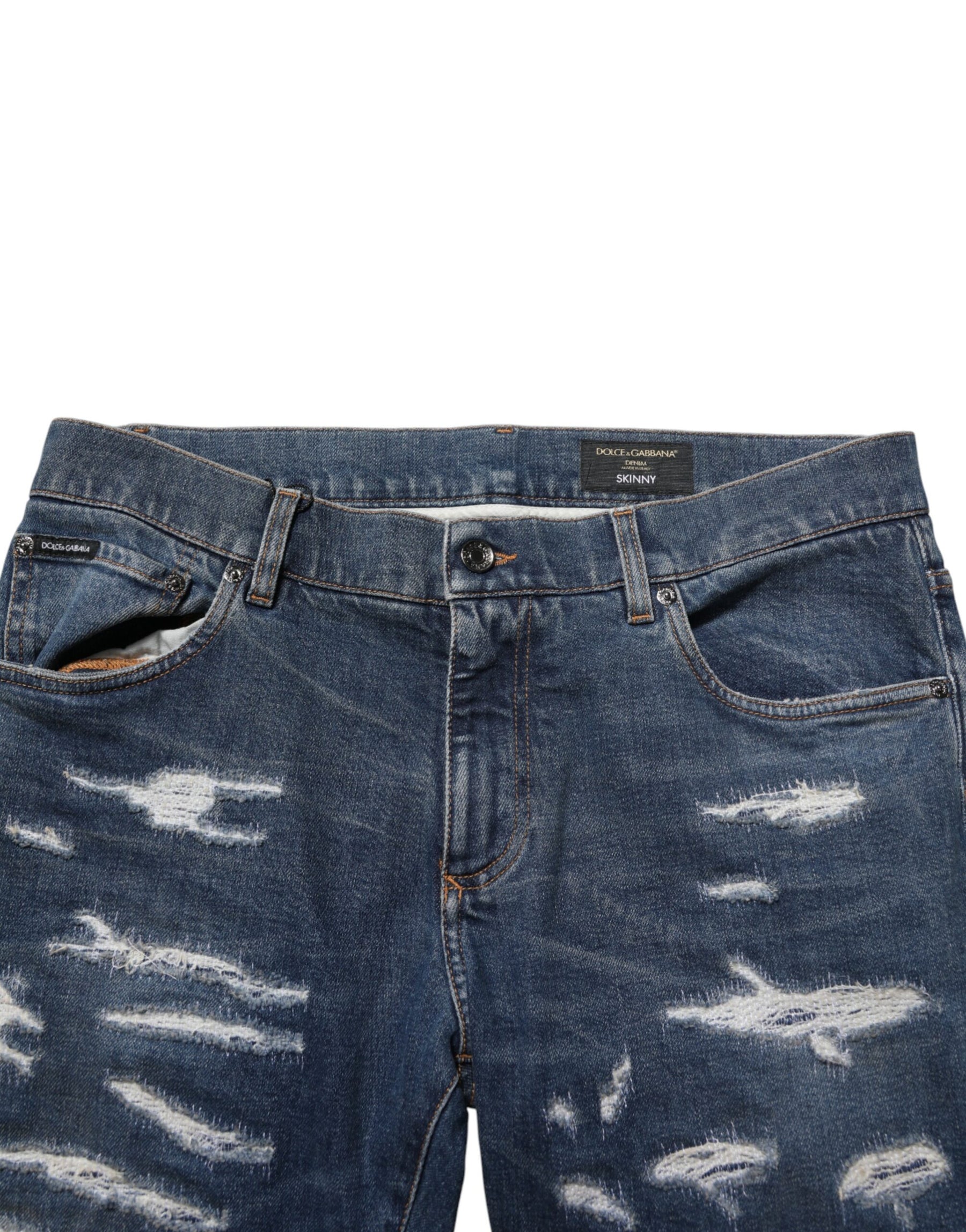 Dolce & Gabbana Blue Tattered Cotton Skinny Men Denim Jeans | Regal Royce