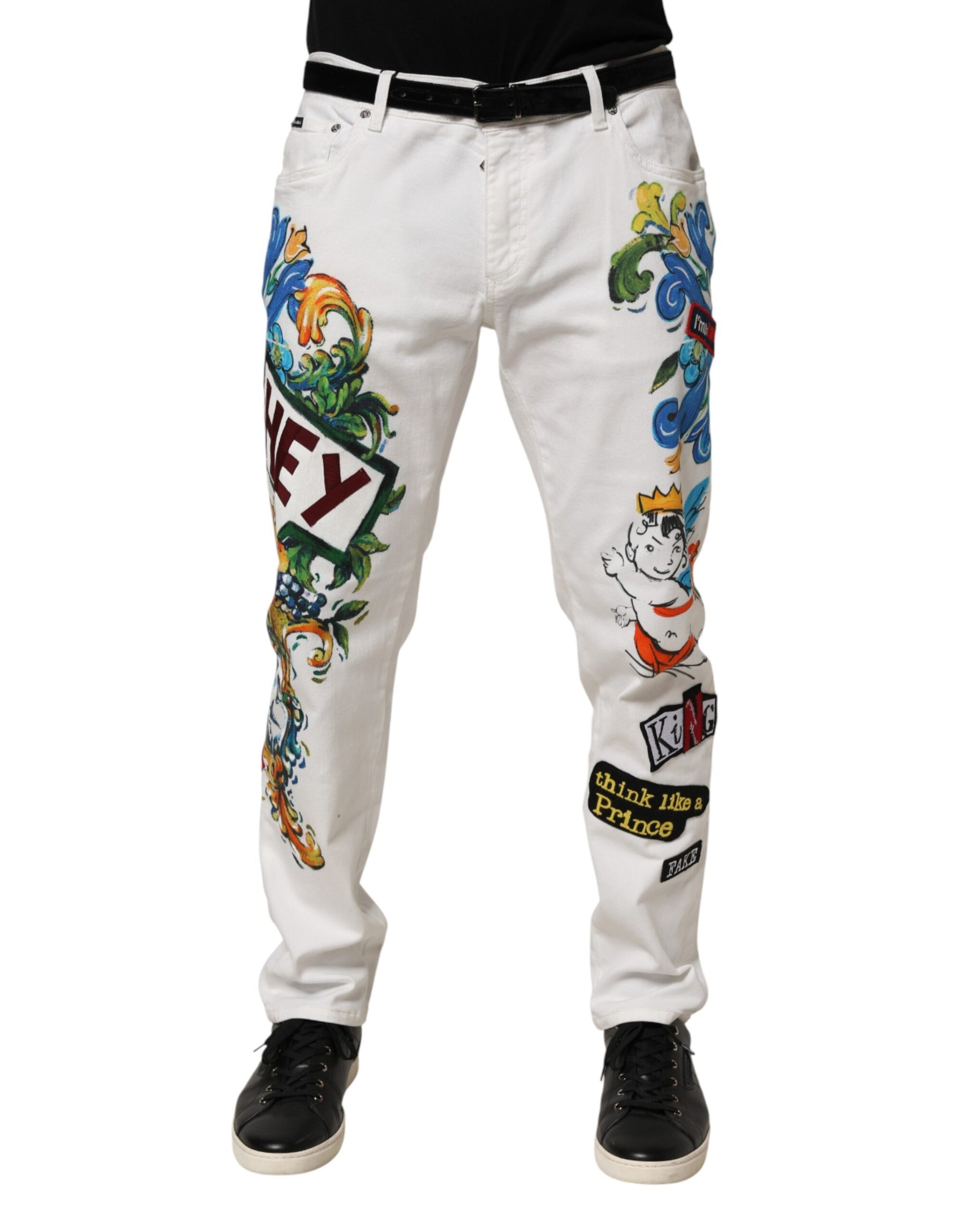 Dolce & Gabbana White Graffiti Print Skinny GOLD Denim Jeans | Regal Royce