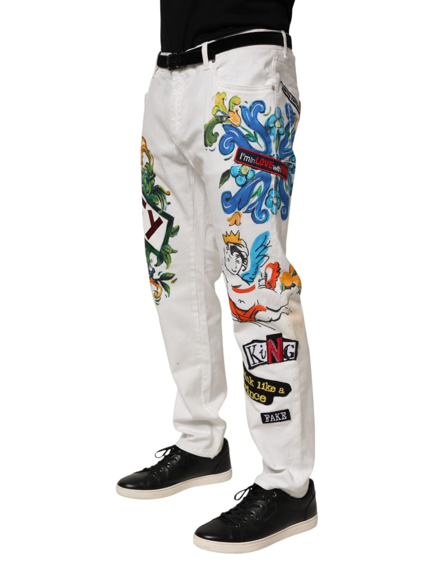 Dolce & Gabbana White Graffiti Print Skinny GOLD Denim Jeans | Regal Royce