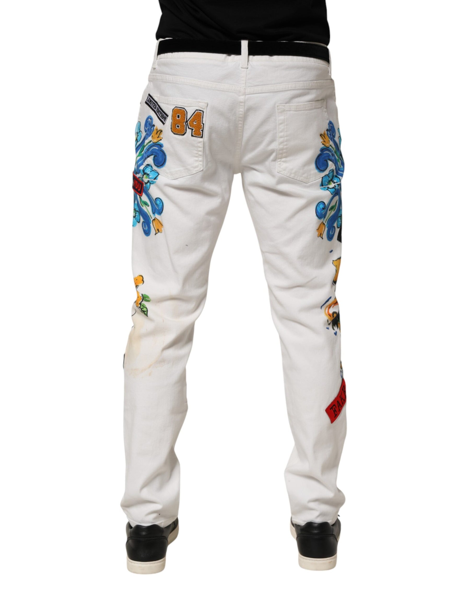 Dolce & Gabbana White Graffiti Print Skinny GOLD Denim Jeans | Regal Royce