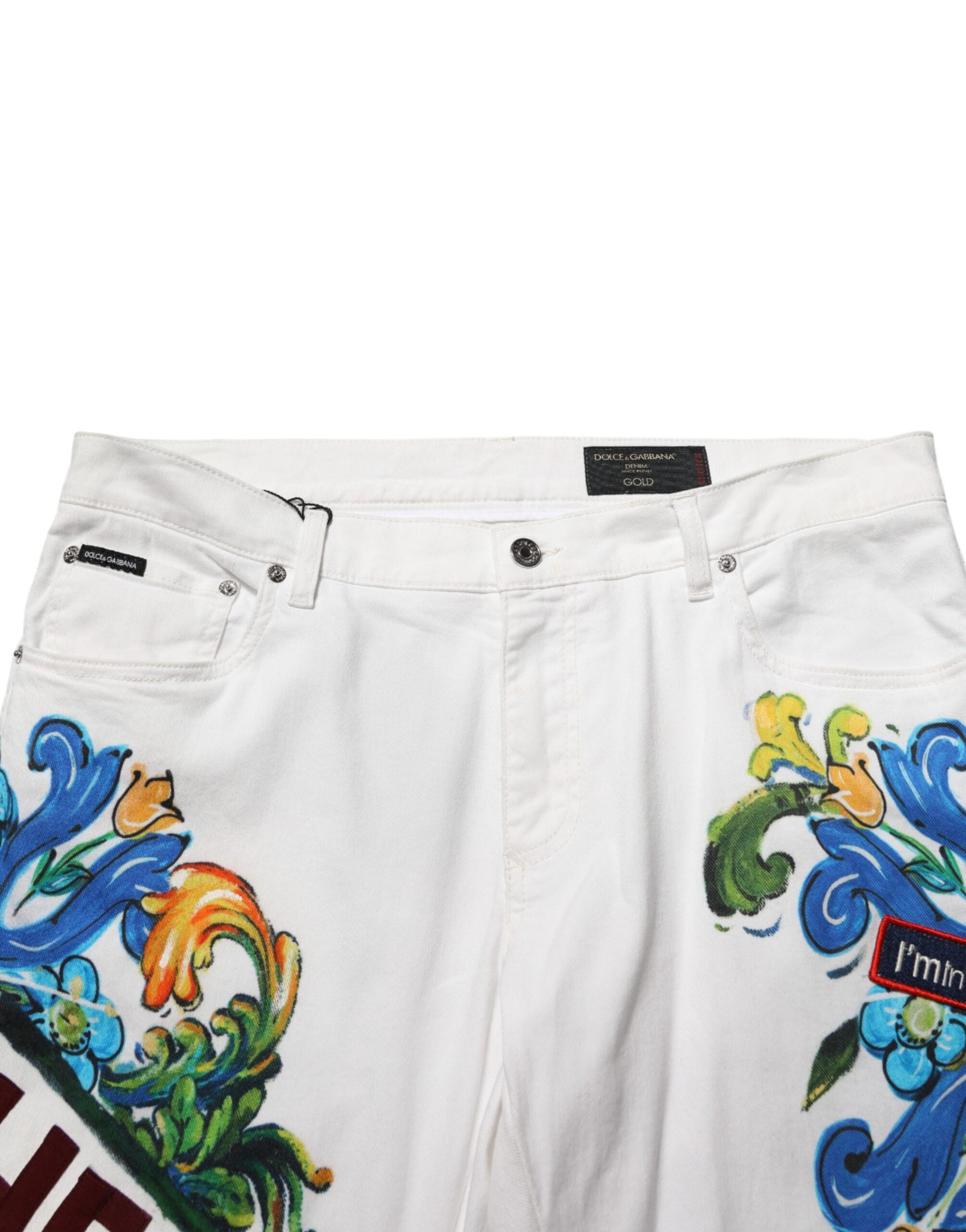 Dolce & Gabbana White Graffiti Print Skinny GOLD Denim Jeans | Regal Royce