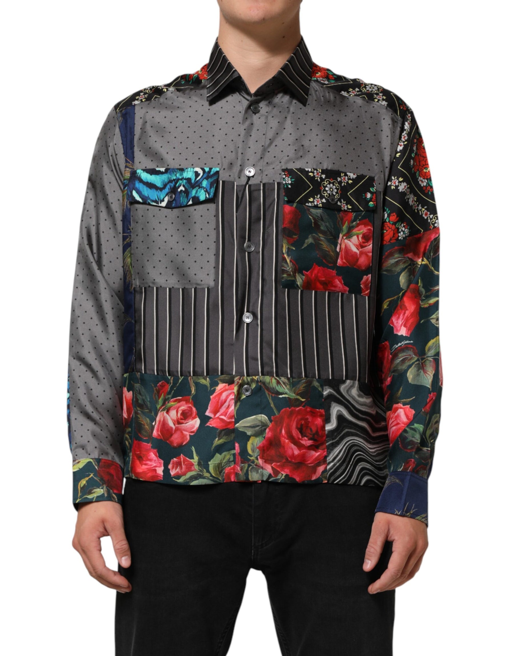 Dolce & Gabbana Multicolor Patchwork Long Sleeves Silk Shirt | Regal Royce
